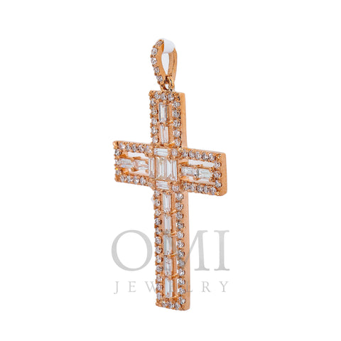 14K Rose Gold Cross Pendant with 0.90 CT Baguette And Round Diamonds