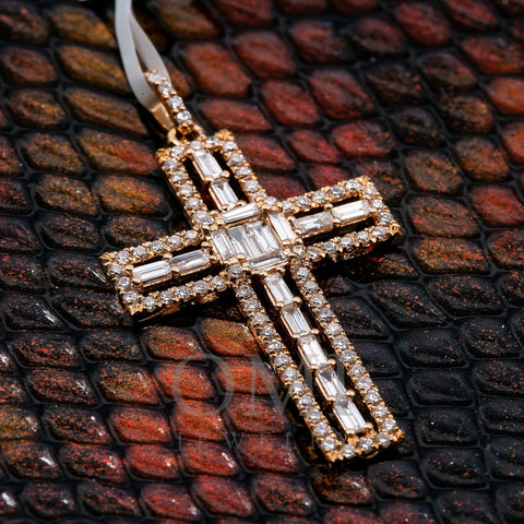 14K Rose Gold Cross Pendant with 0.90 CT Baguette And Round Diamonds