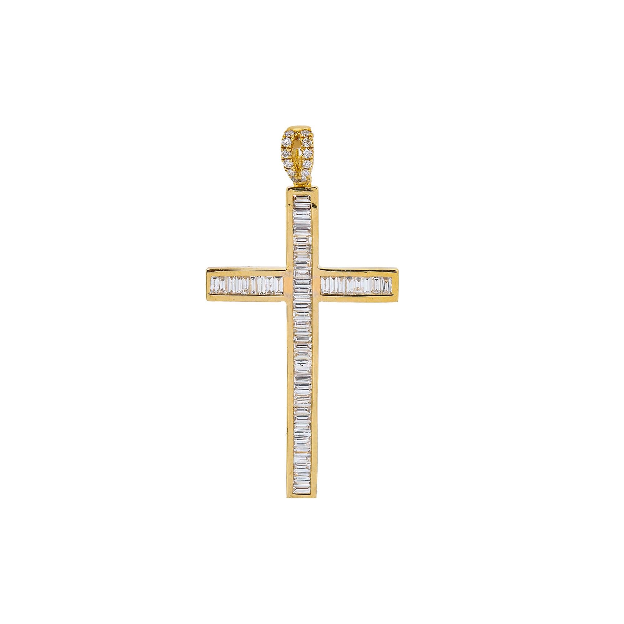 14K Yellow Gold Cross Pendant with 0.60 CT Baguette Diamonds