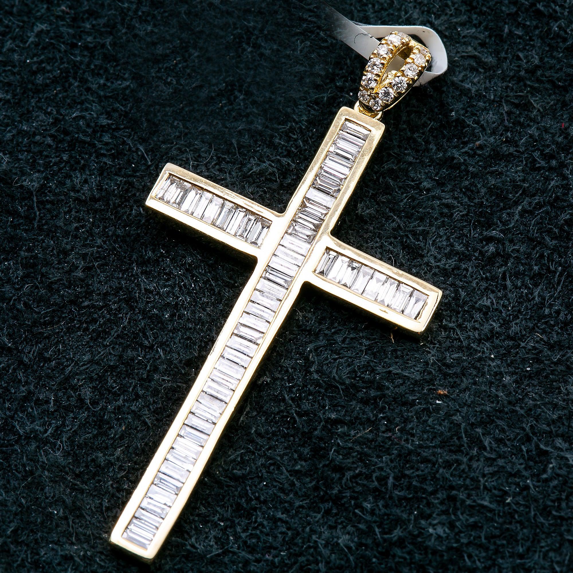 14K Yellow Gold Cross Pendant with 0.60 CT Baguette Diamonds