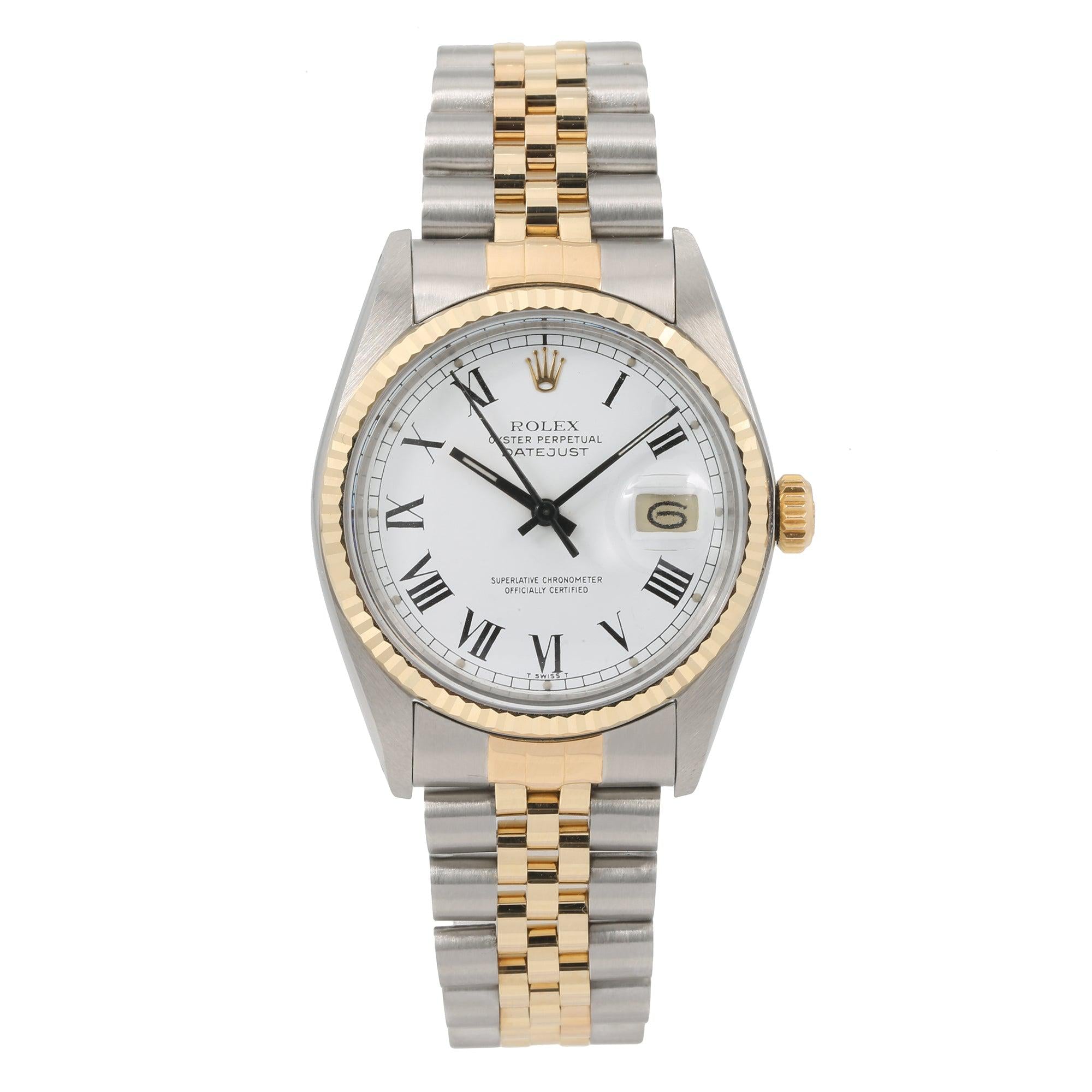 Rolex Datejust 36MM 16013 White Roman Dial Yellow Gold Fluted Bezel Two Tone Jubilee Bracelet