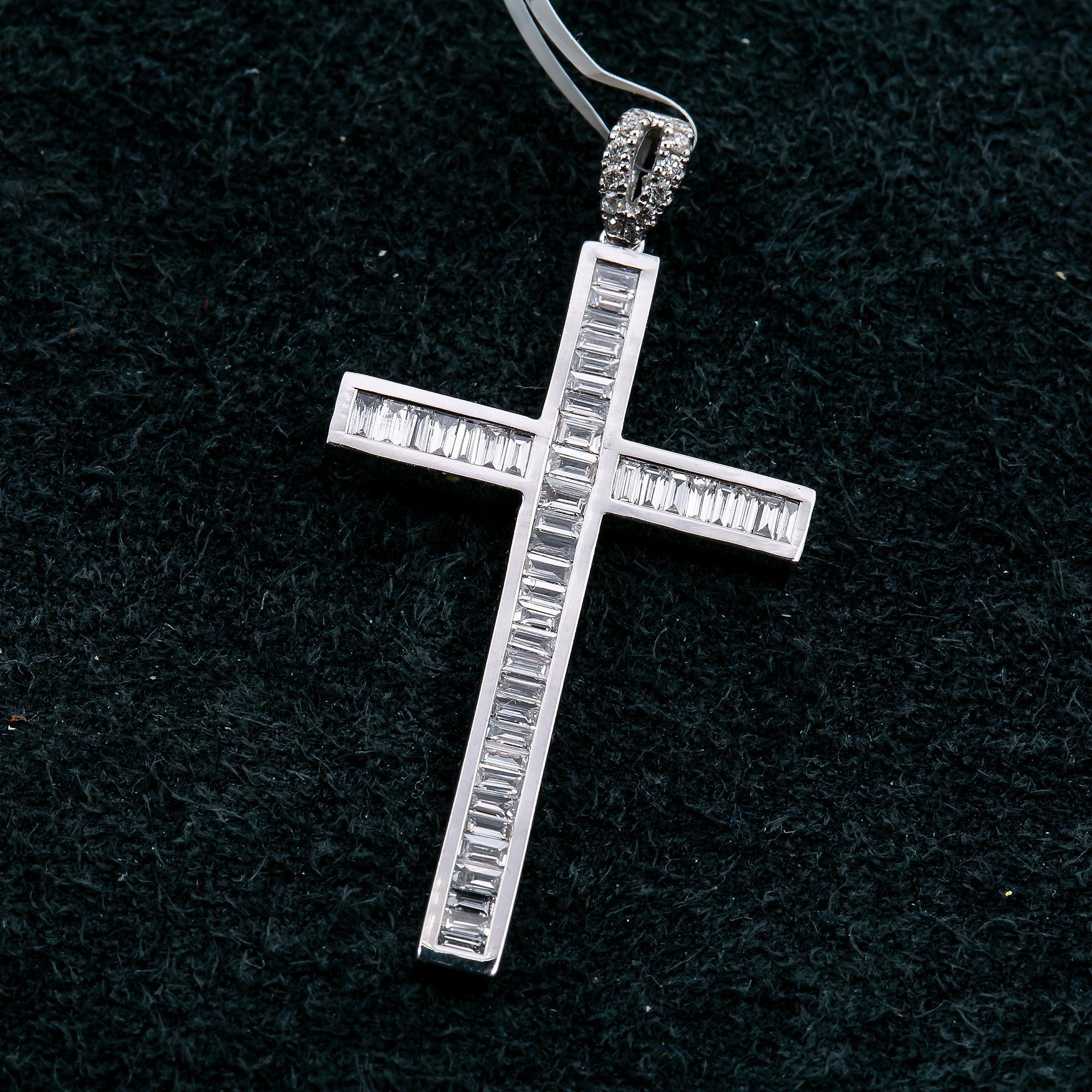 14K White Gold Cross Pendant with 0.60 CT Baguette Diamonds