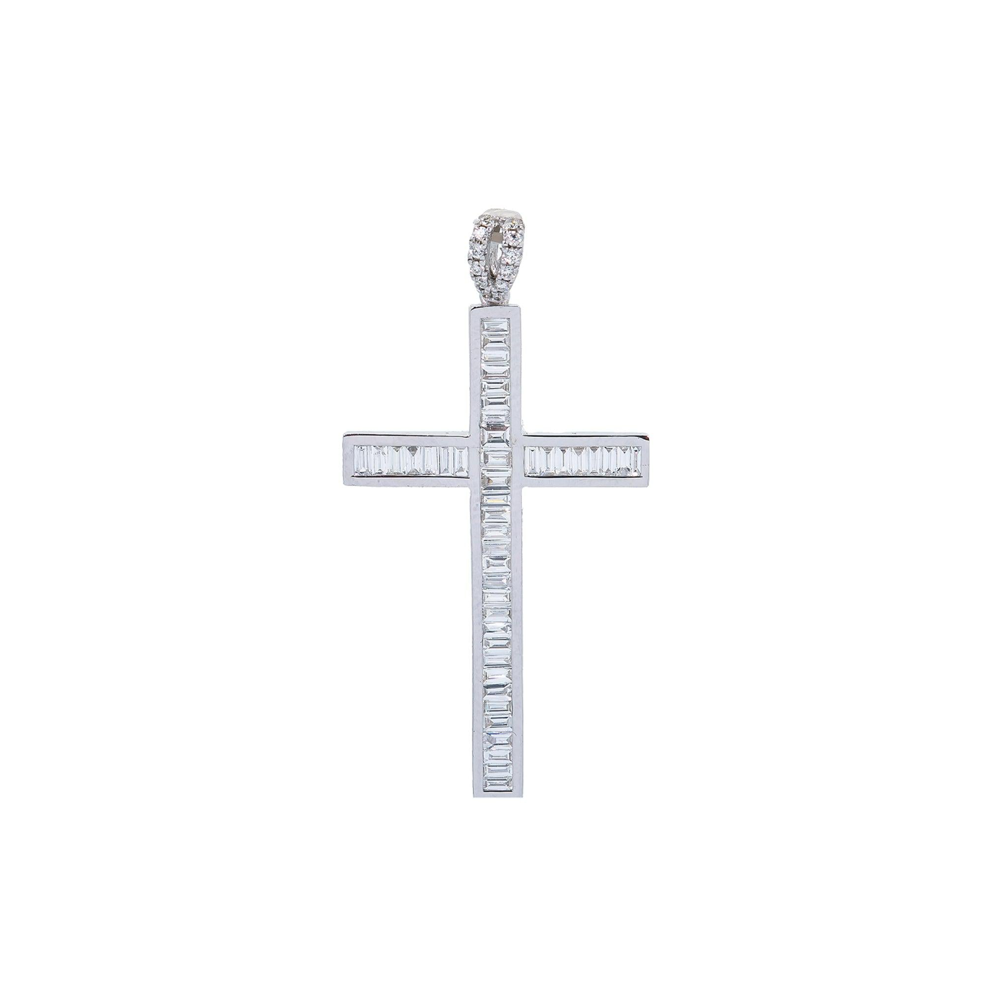 14K White Gold Cross Pendant with 0.60 CT Baguette Diamonds