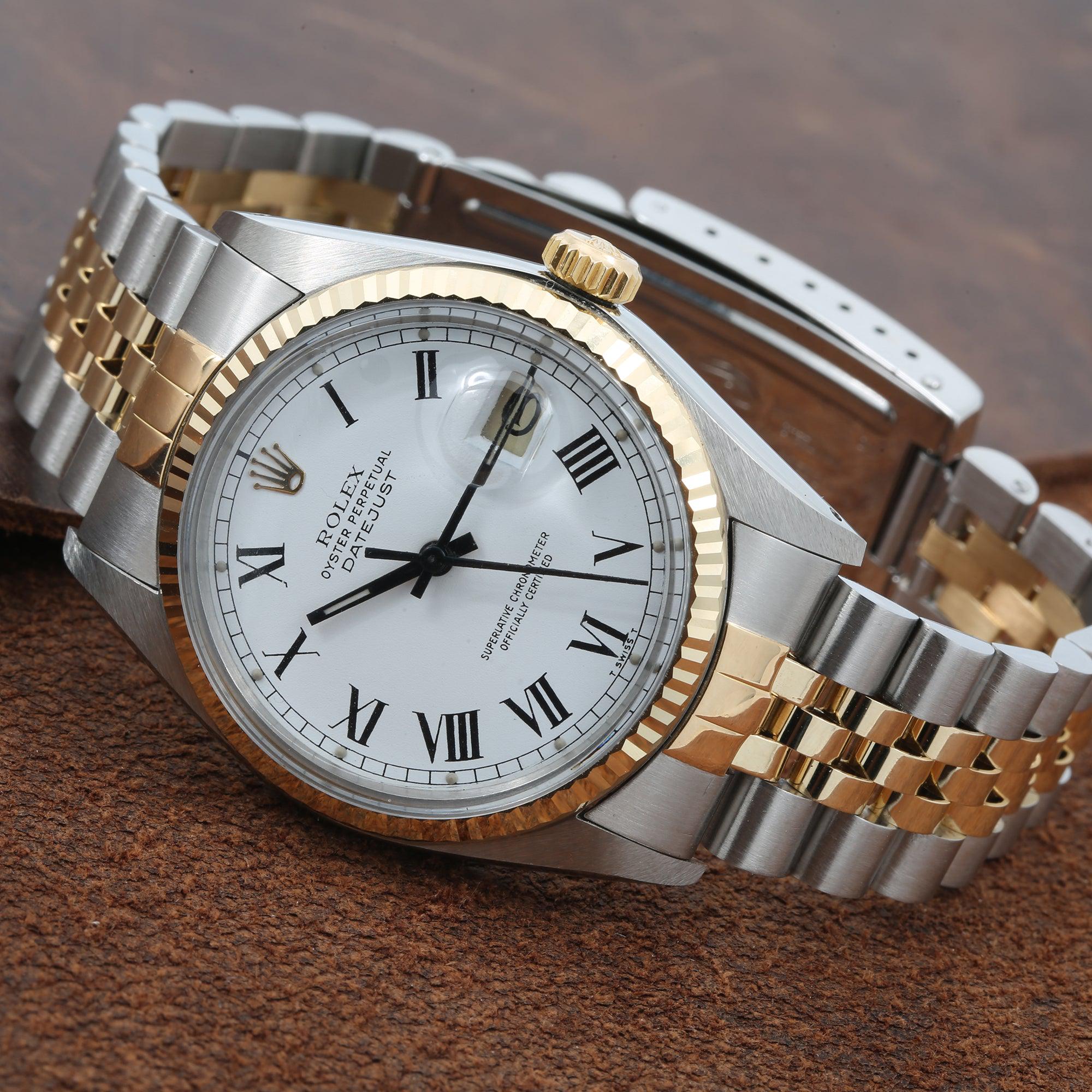 Rolex Datejust 36MM 16013 White Roman Dial Fluted Bezel Two Tone Yellow Gold Jubilee Bracelet