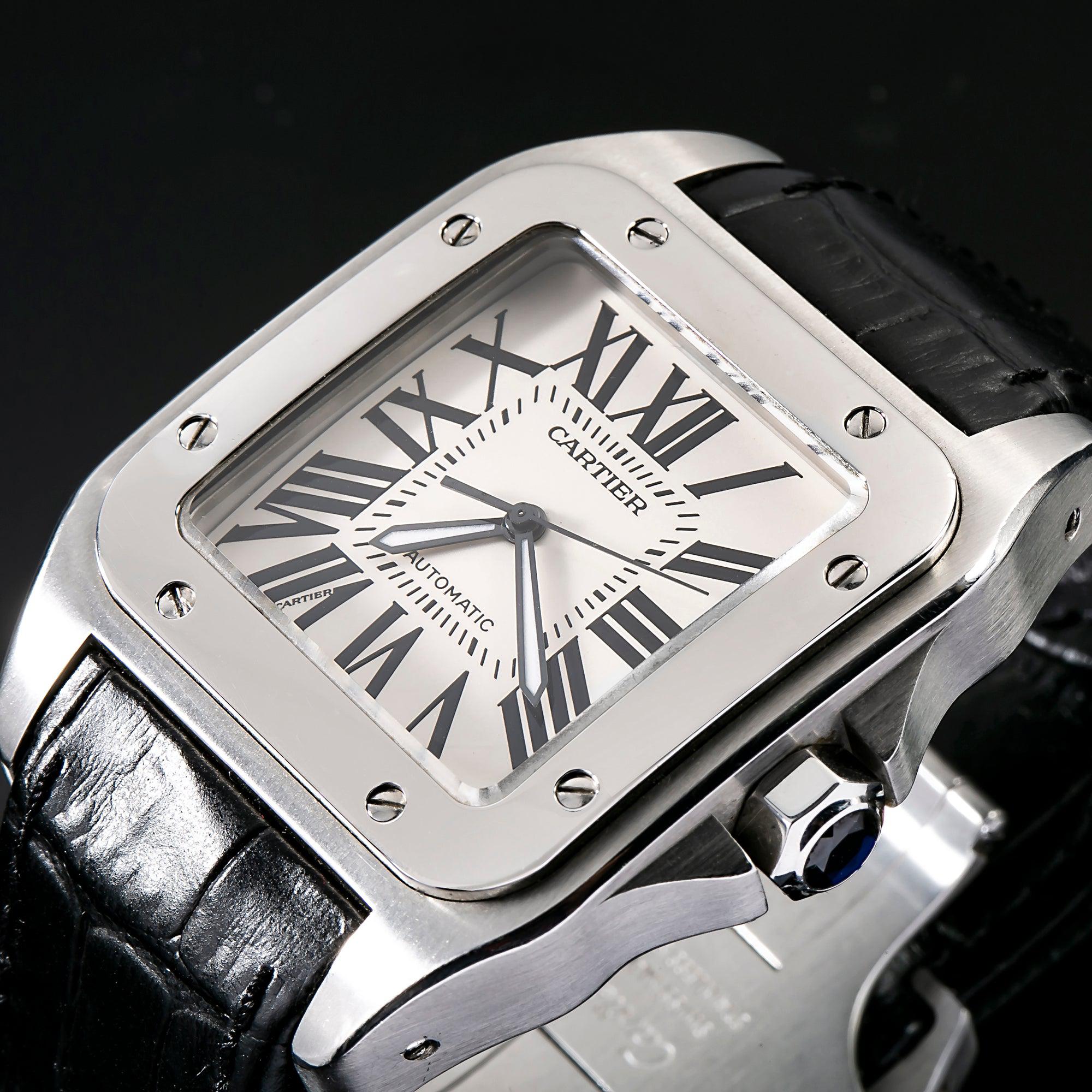 Cartier Santos 100 38MM 2656 Silver Roman Dial Black Leather Strap