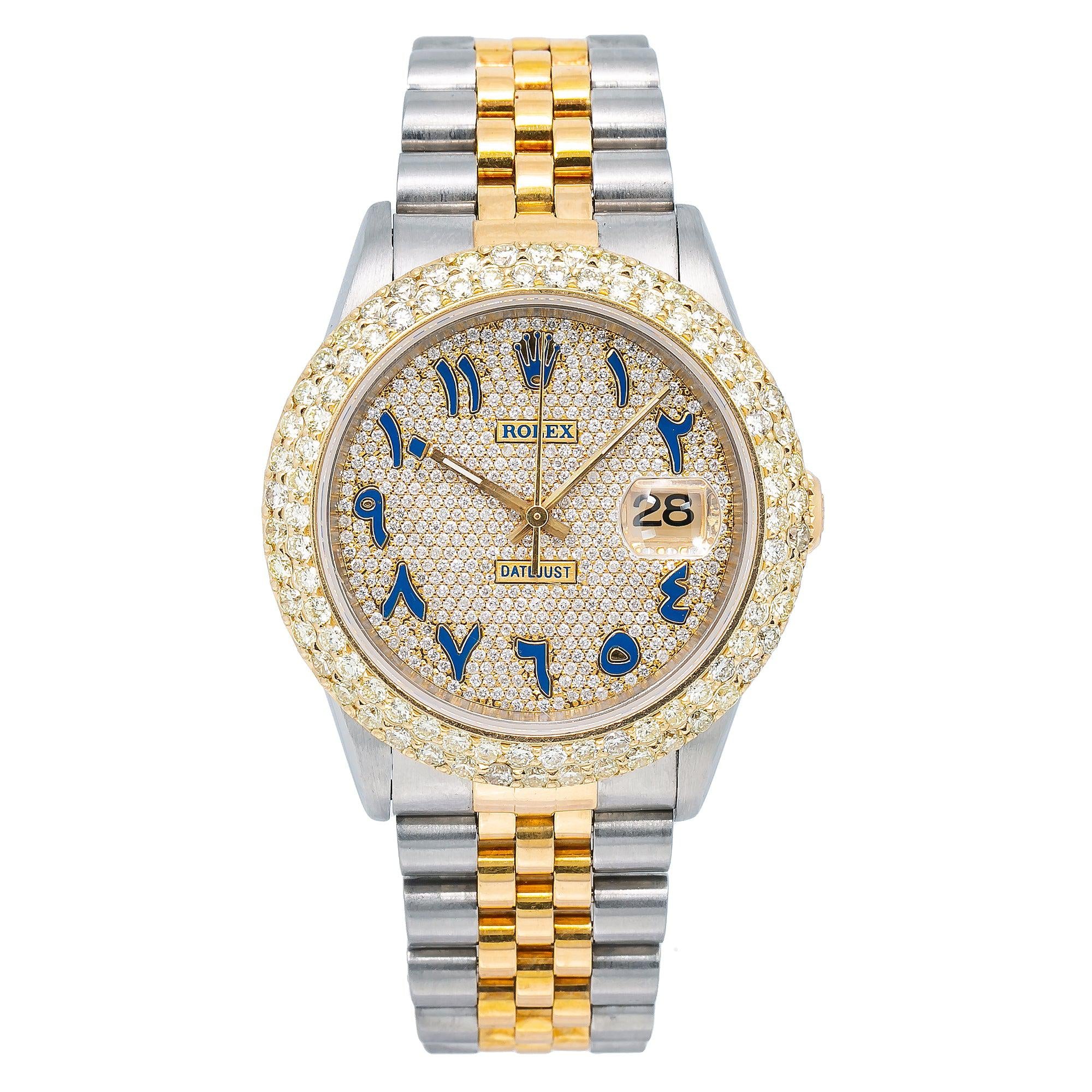 Rolex Datejust 36MM 16233 Diamond Paved Blue Eastern Arabic Dial Diamond Bezel Two Tone Jubilee Bracelet 4.75ct