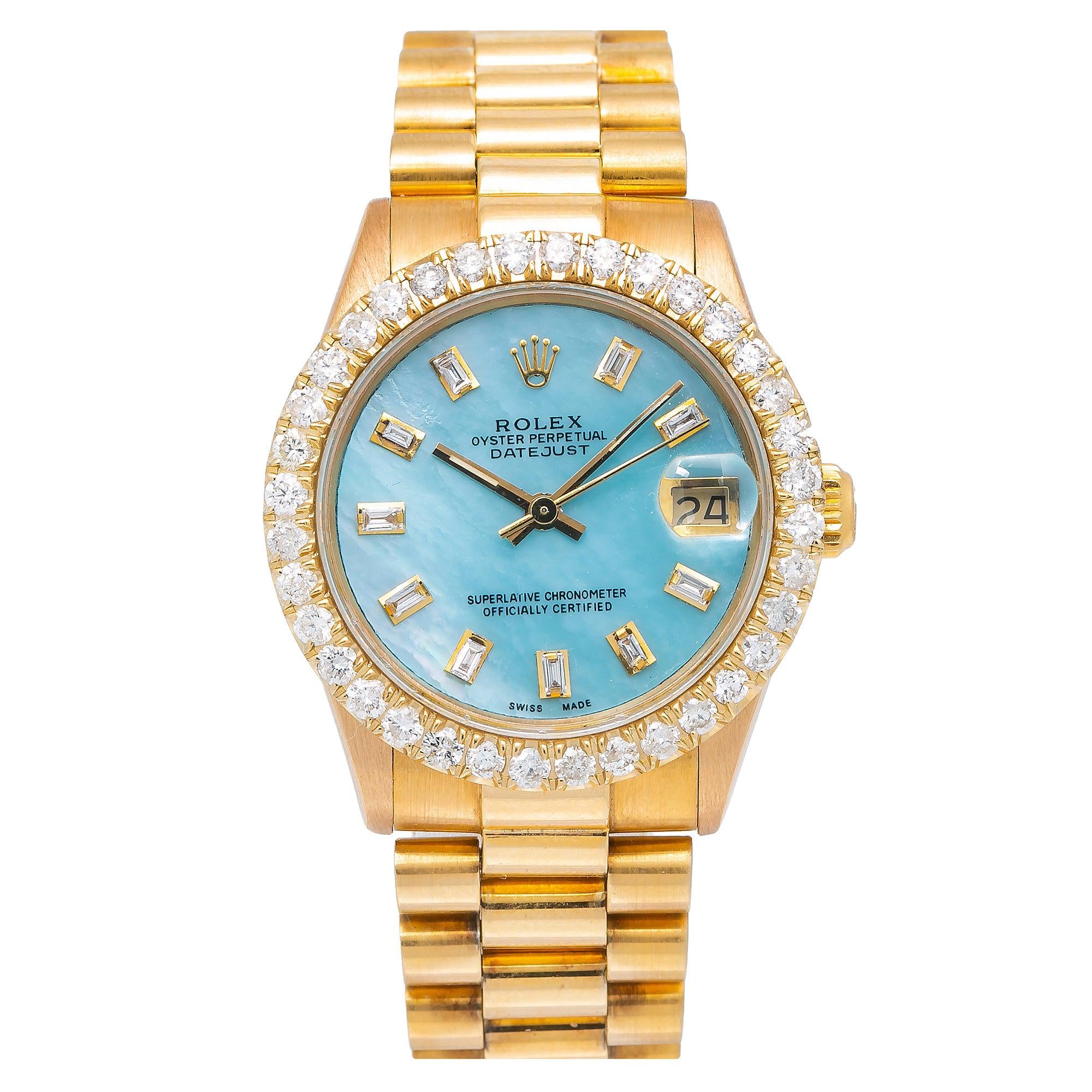 Rolex Datejust 31MM 68278 Blue Mother of Pearl Diamond Dial Diamond Bezel 18K Yellow Gold President Bracelet
