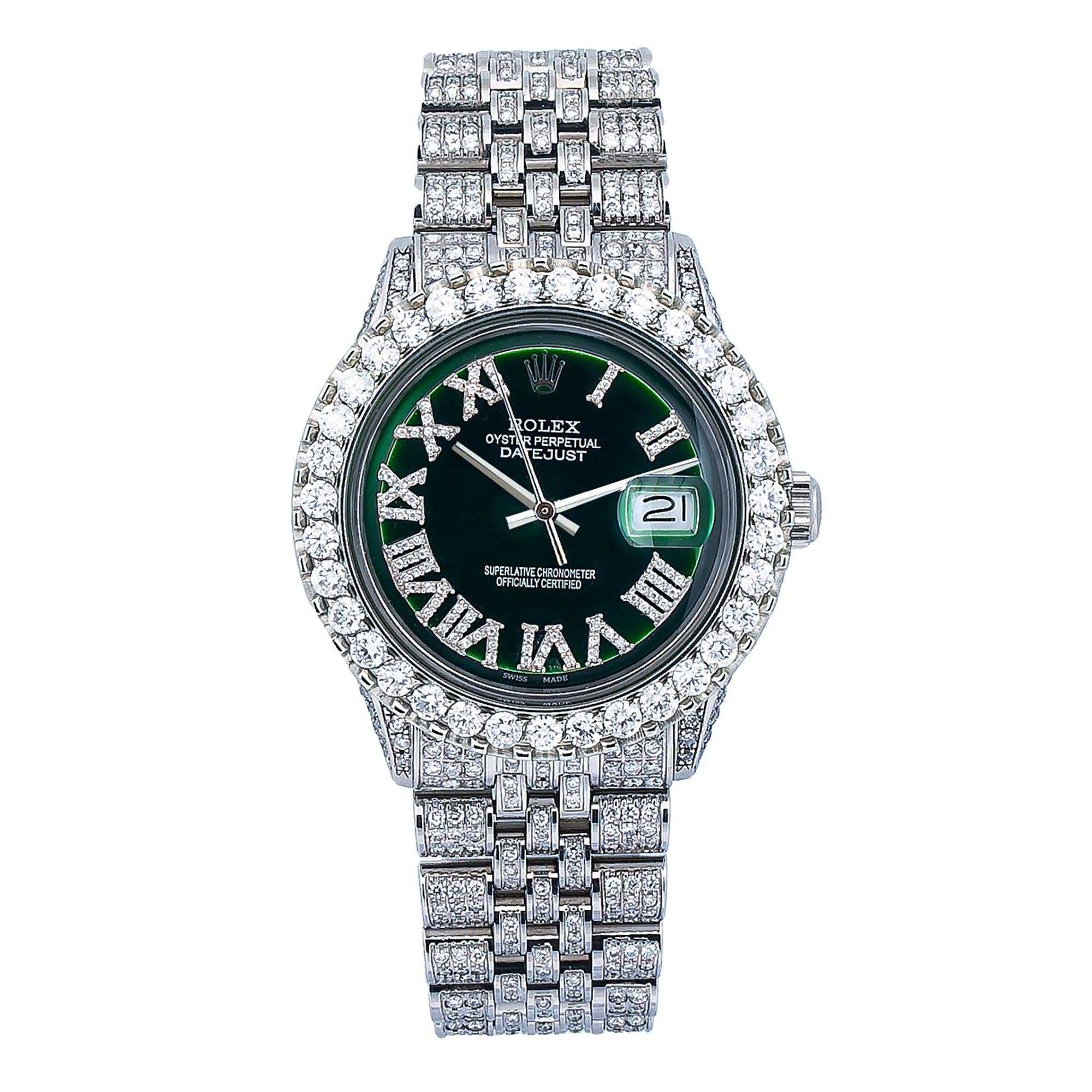 Rolex Datejust 36MM 1601 Green Roman Dial Diamond Bezel Full Diamond Oyster Bracelet 9.25ct