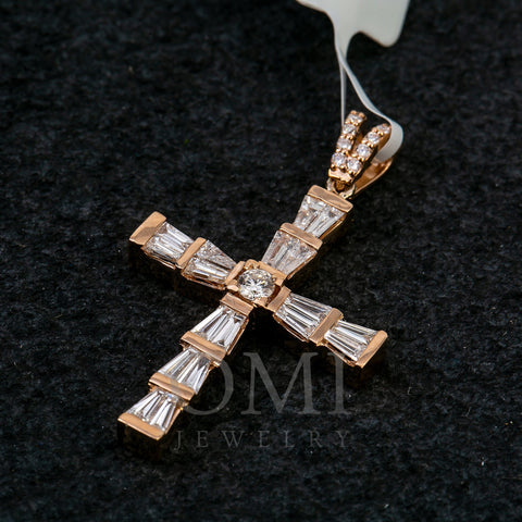 14K Rose Gold Cross Pendant with 0.74 CT Baguette Diamonds