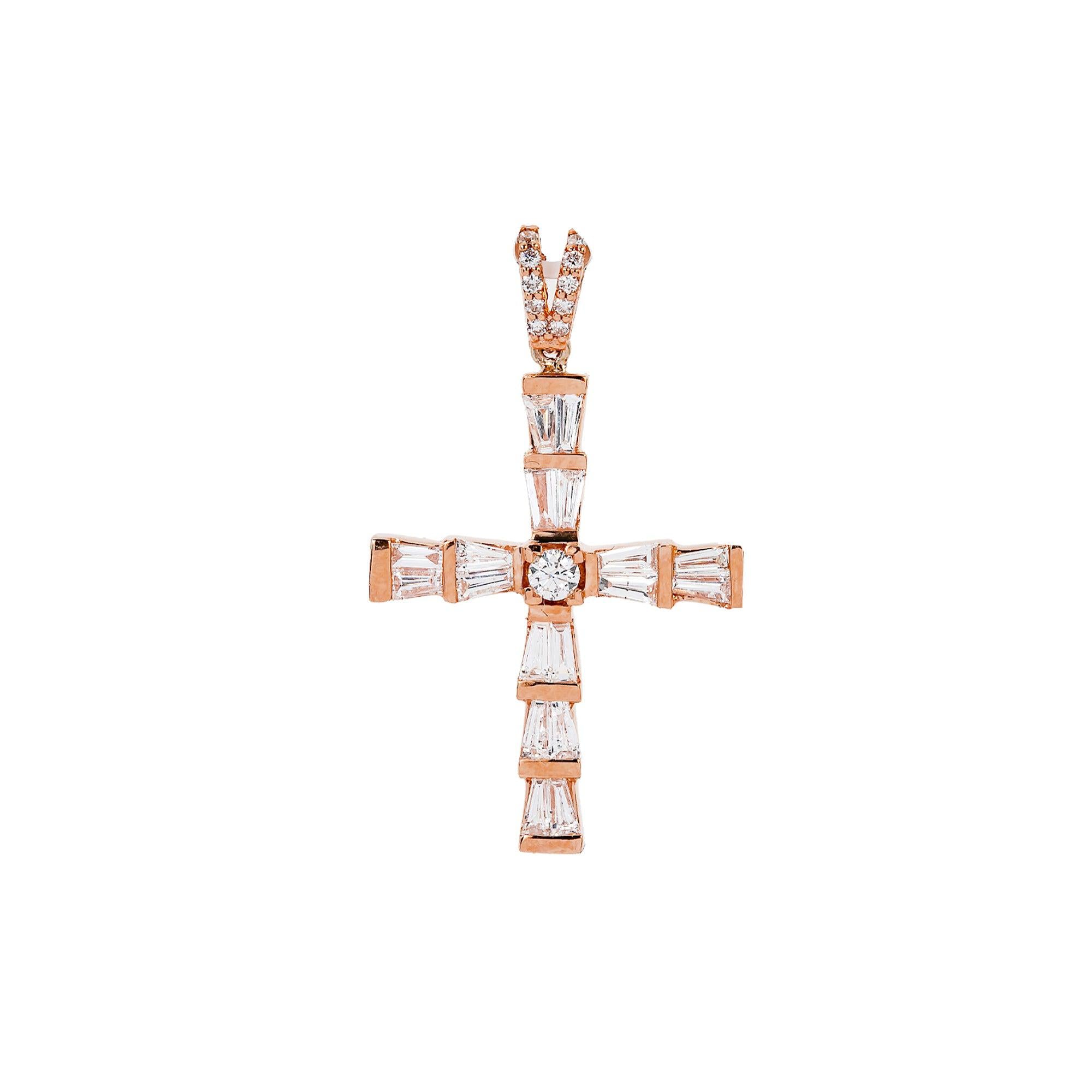 14K Rose Gold Cross Pendant with 0.74 CT Baguette Diamonds