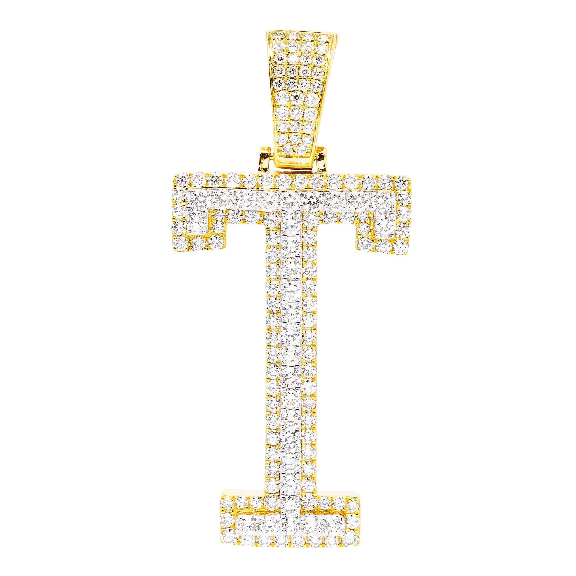 10K YELLOW GOLD UNISEX LETTER T PENDANT WITH 3.05 CT DIAMONDS