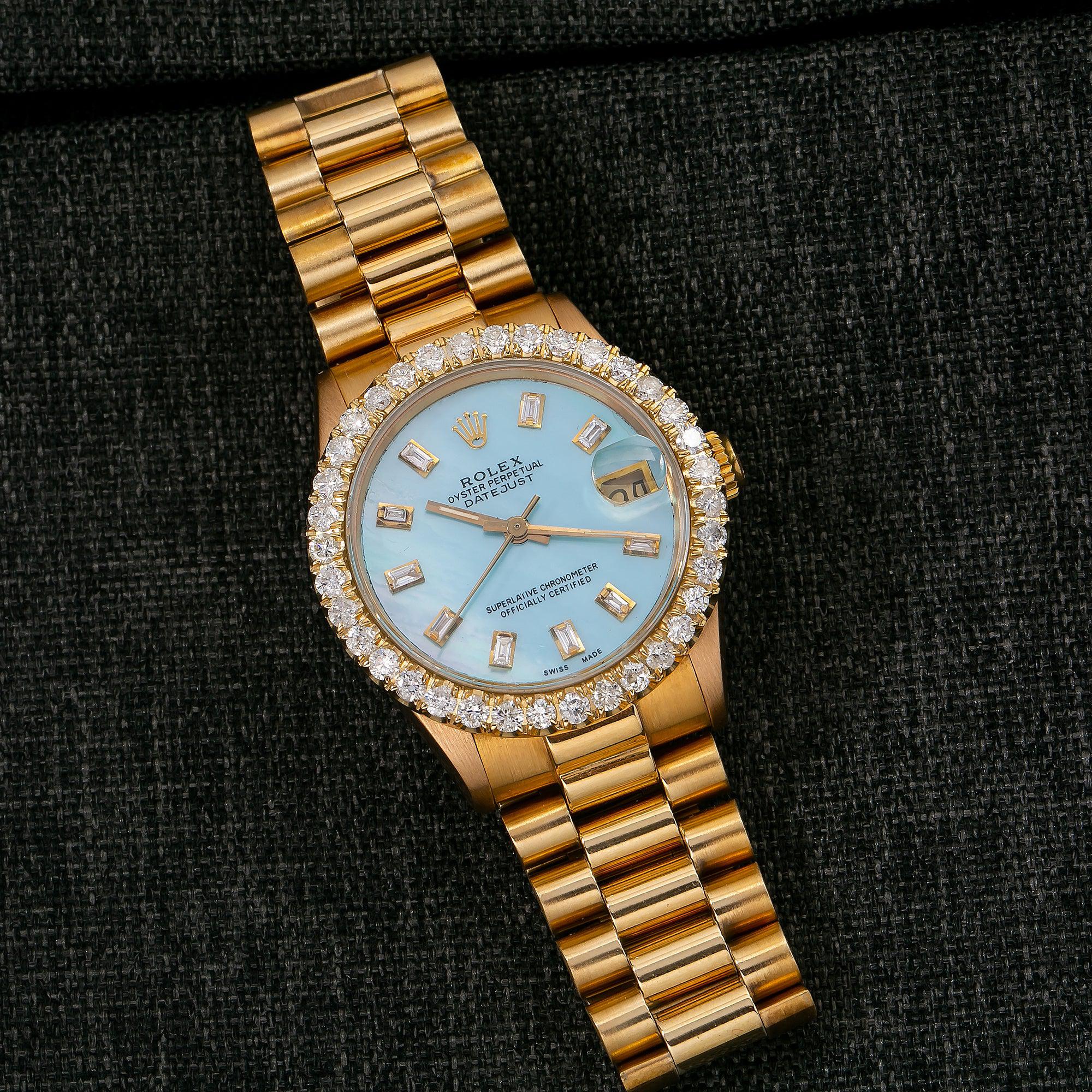 Rolex Datejust 31MM 68278 Blue Mother of Pearl Diamond Dial Diamond Bezel 18K Yellow Gold President Bracelet