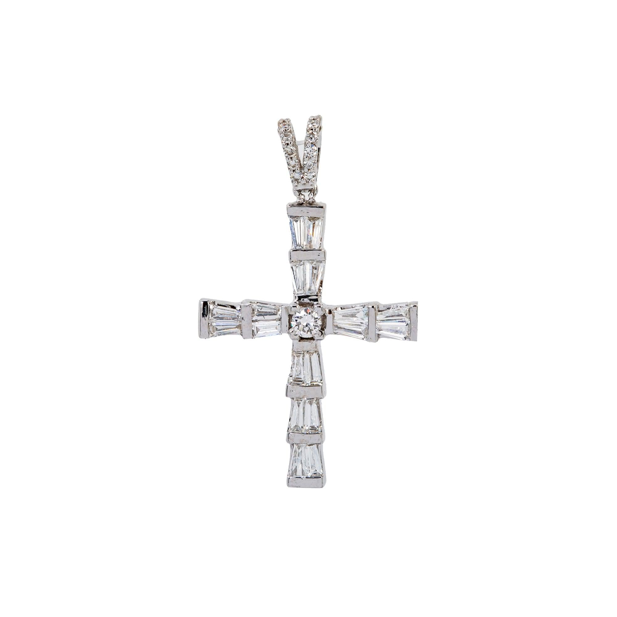 14K White Gold Cross Pendant with 0.74 CT Baguette Diamonds