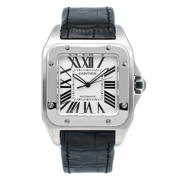 〇 純正 Cartier Santos100 LM 2656 レザー 6028 Cartier Santos 100 38MM 2656 Silver Roman Dial Black Leather Strap