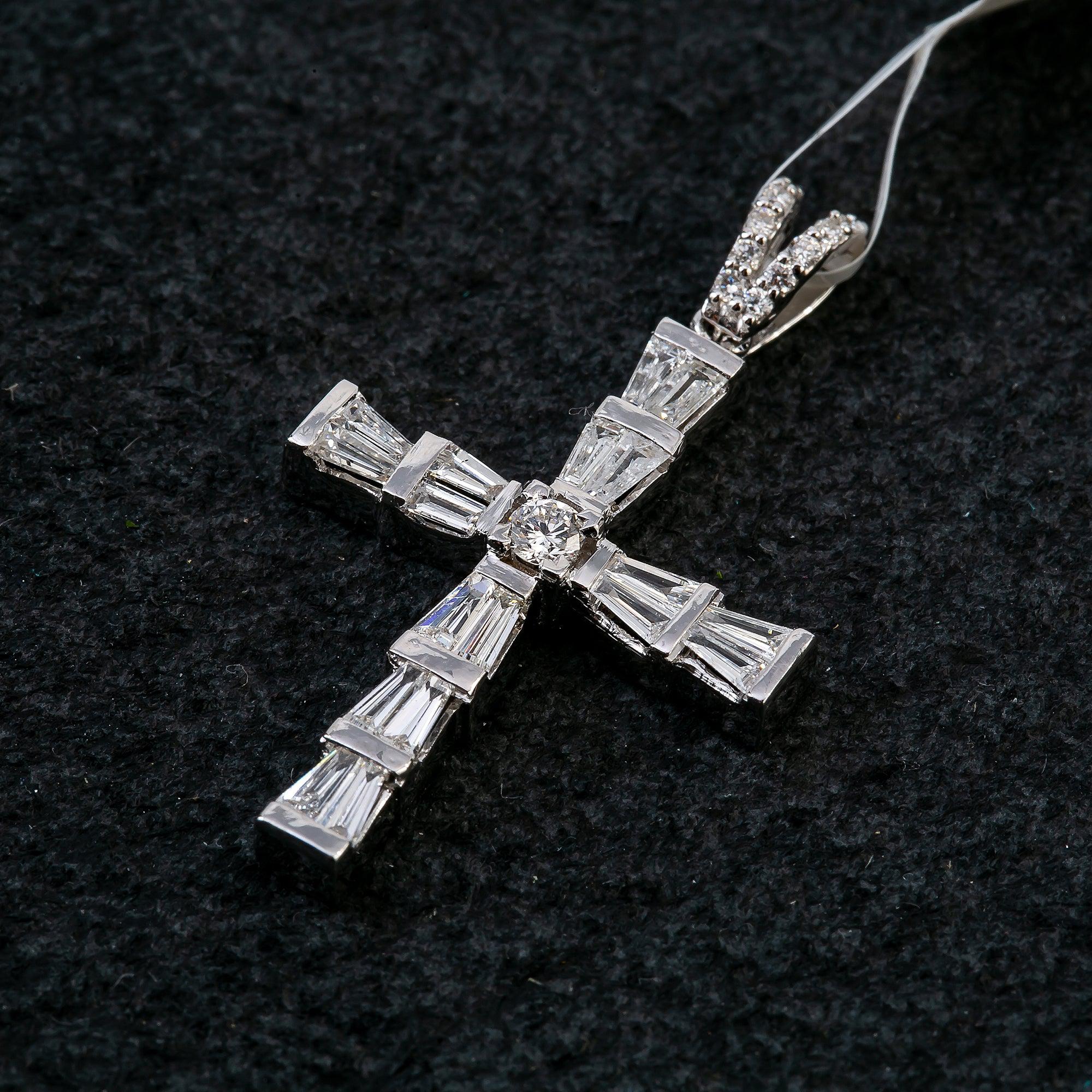 14K White Gold Cross Pendant with 0.74 CT Baguette Diamonds
