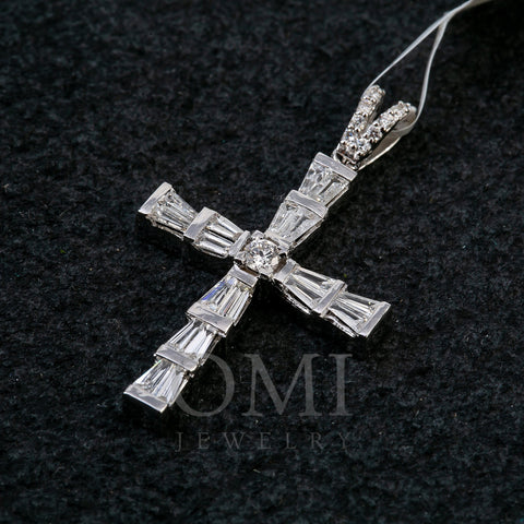 14K White Gold Cross Pendant with 0.74 CT Baguette Diamonds