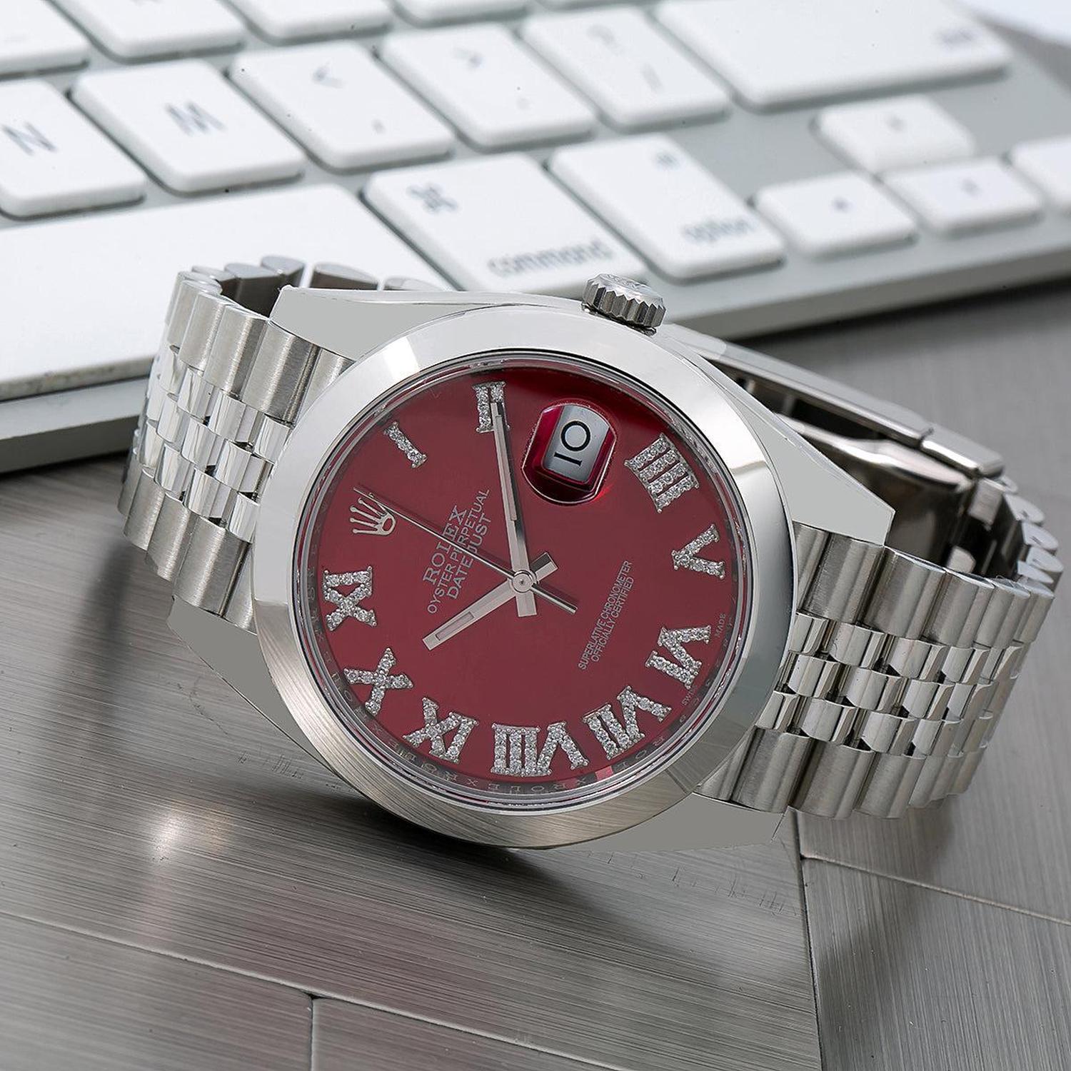 Rolex Datejust 41MM 126300 Red Roman Diamond Dial Smooth Bezel Stainless Steel Jubilee Bracelet