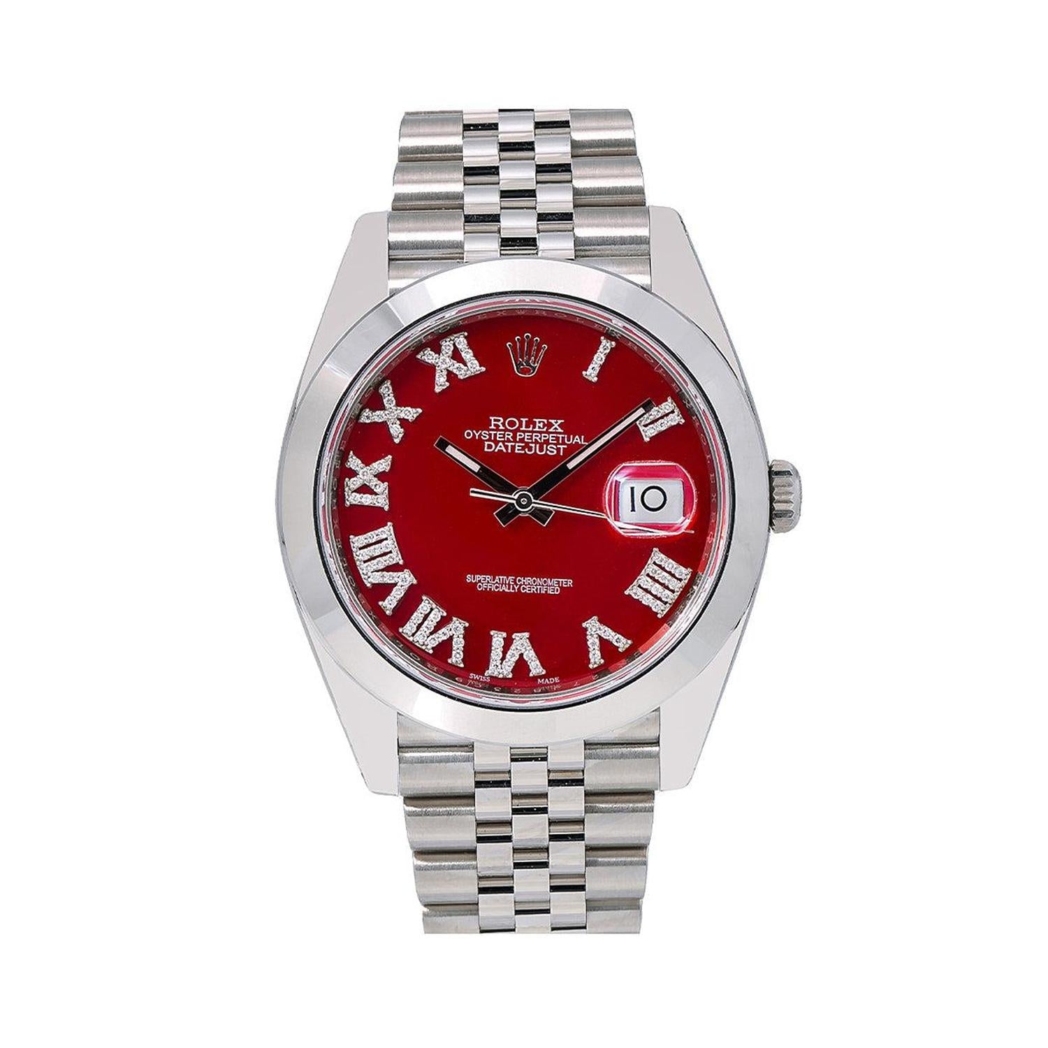 Rolex Datejust 41MM 126300 Red Roman Dial Smooth Bezel Stainless Steel Jubilee Bracelet