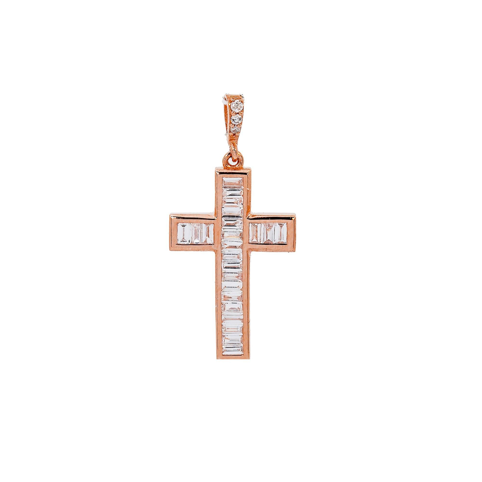 14K Rose Gold Cross Pendant with 0.35 CT Baguette Diamonds