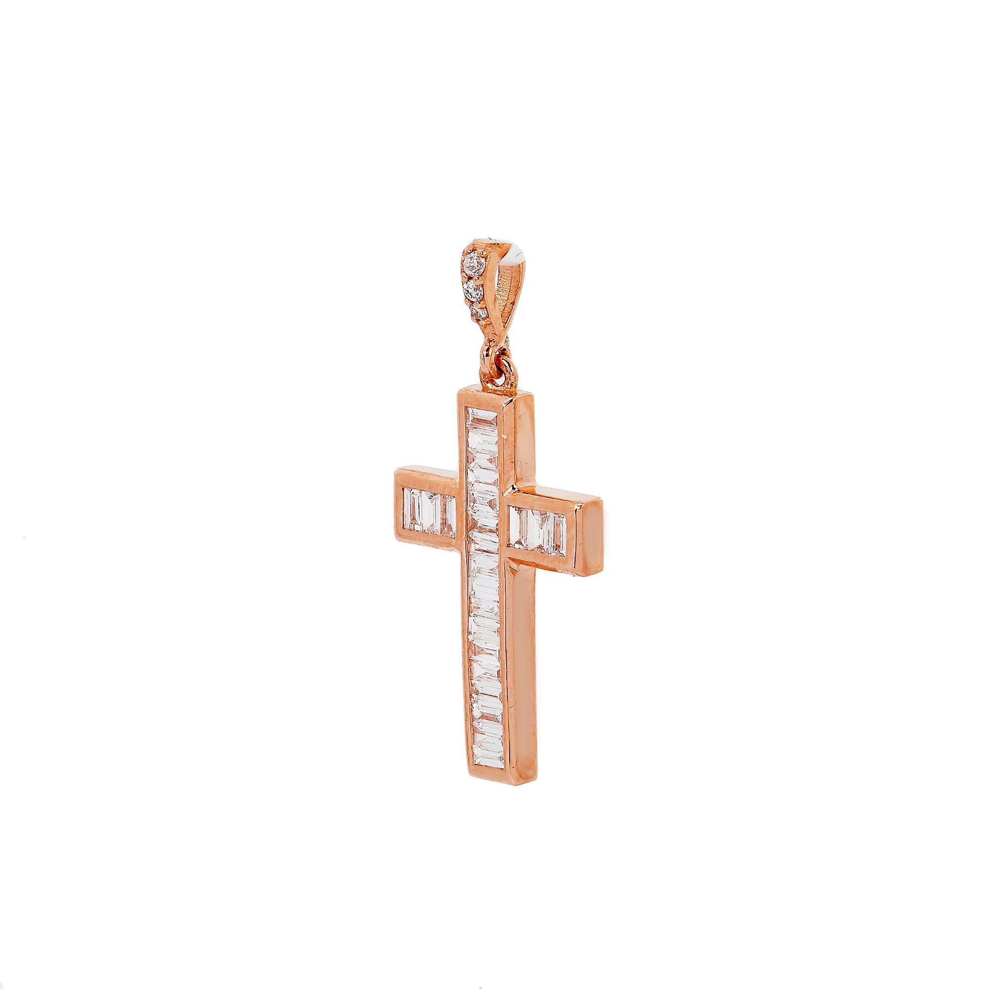 14K Rose Gold Cross Pendant with 0.35 CT Baguette Diamonds