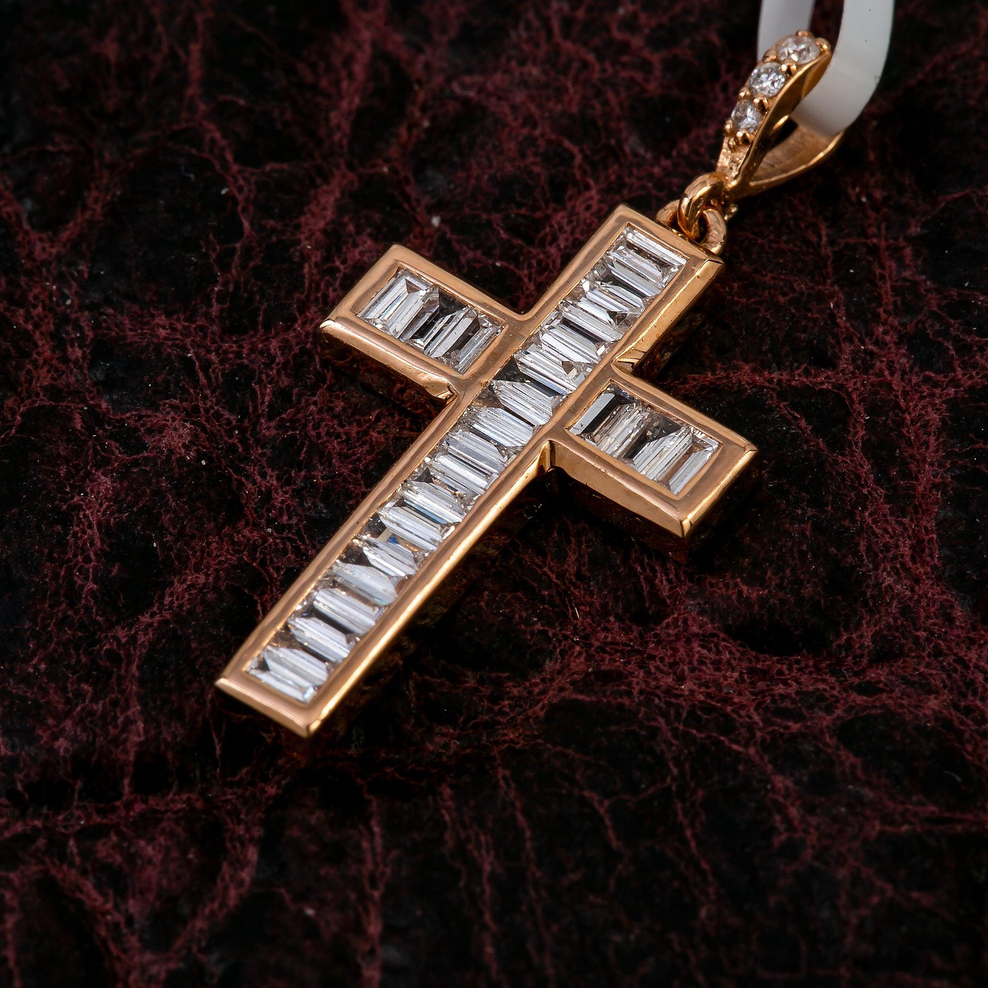 14K Rose Gold Cross Pendant with 0.35 CT Baguette Diamonds