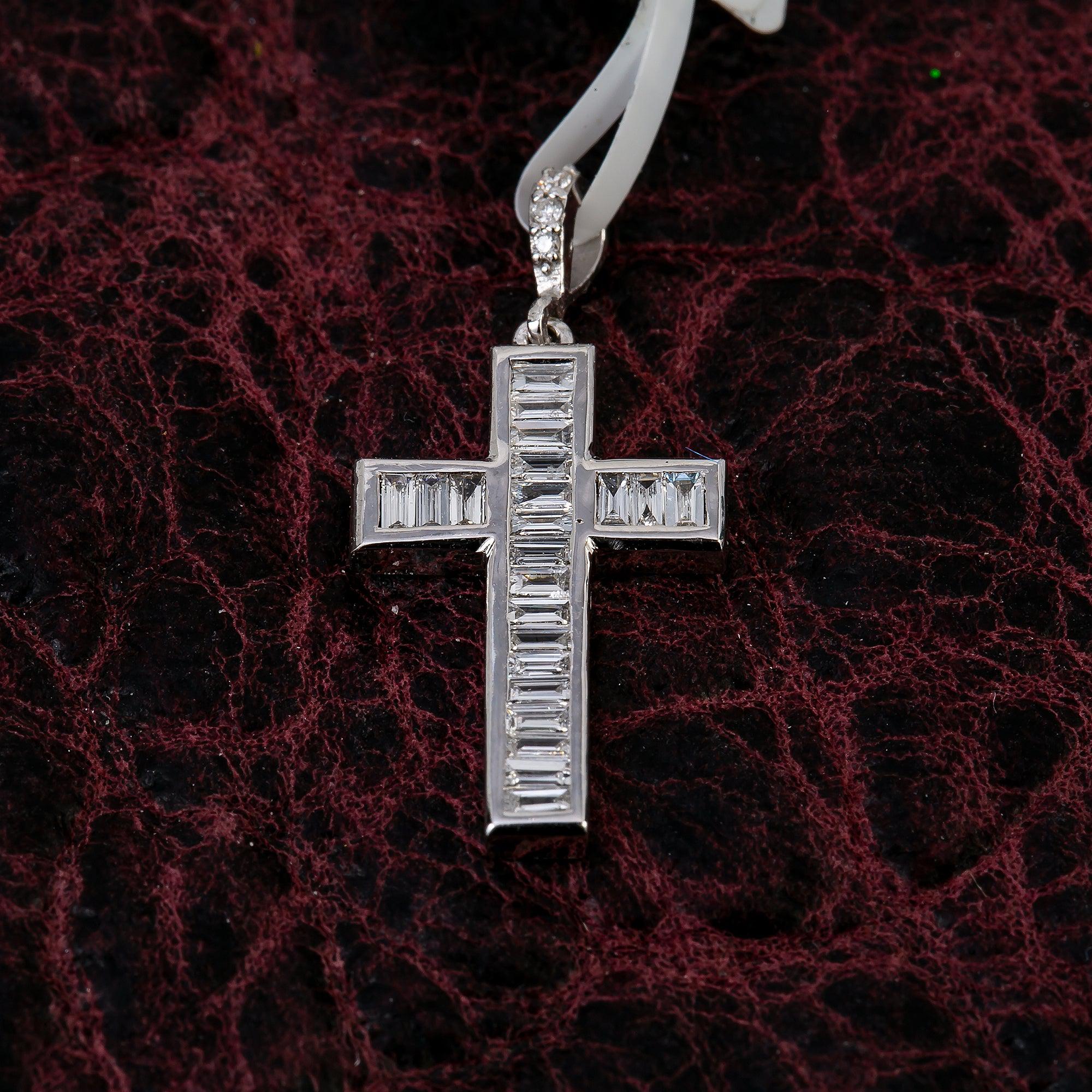 14K White Gold Cross Pendant with 0.35 CT Baguette Diamonds