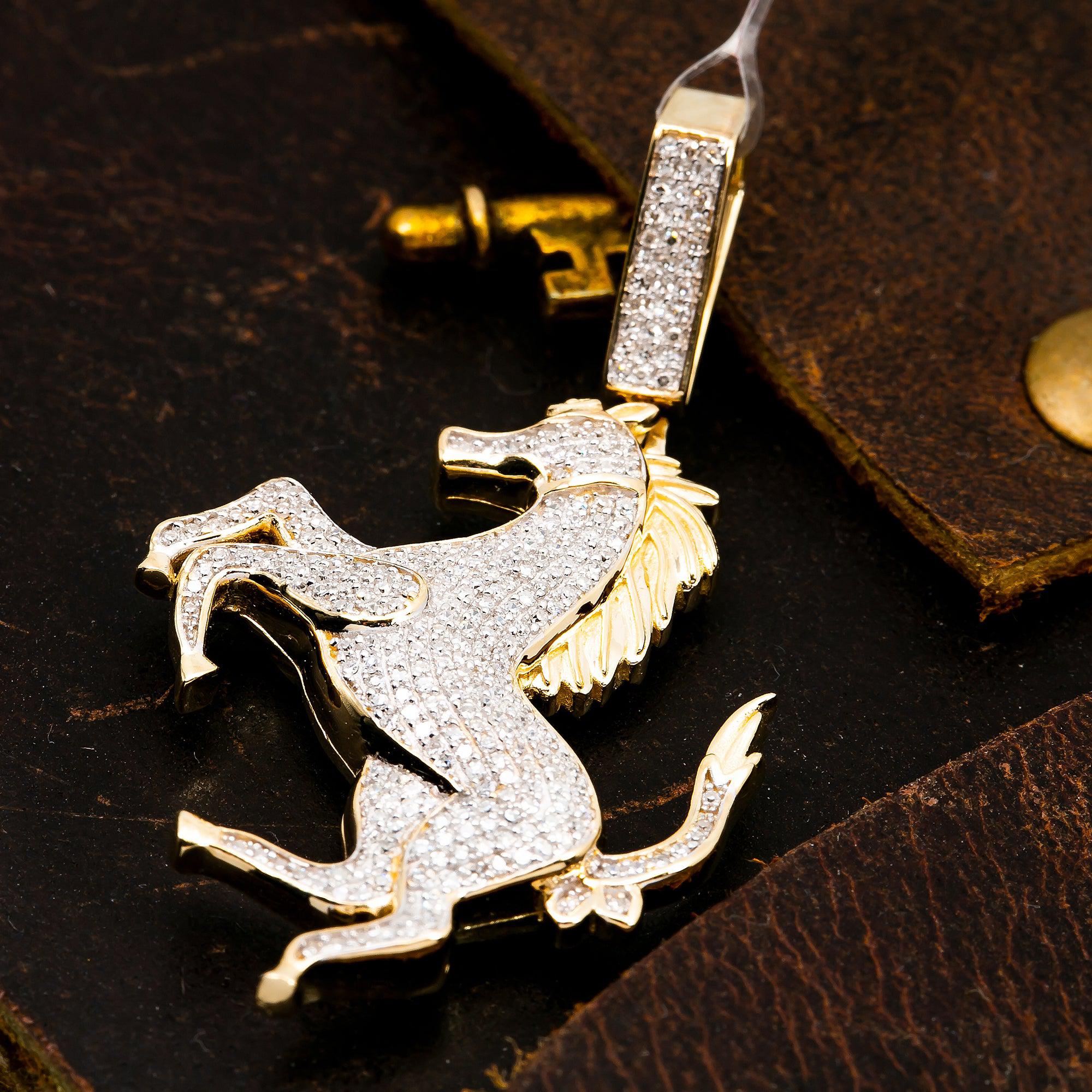 10K YELLOW GOLD DIAMOND MUSTANG HORSE PENDANT 0.60 CT