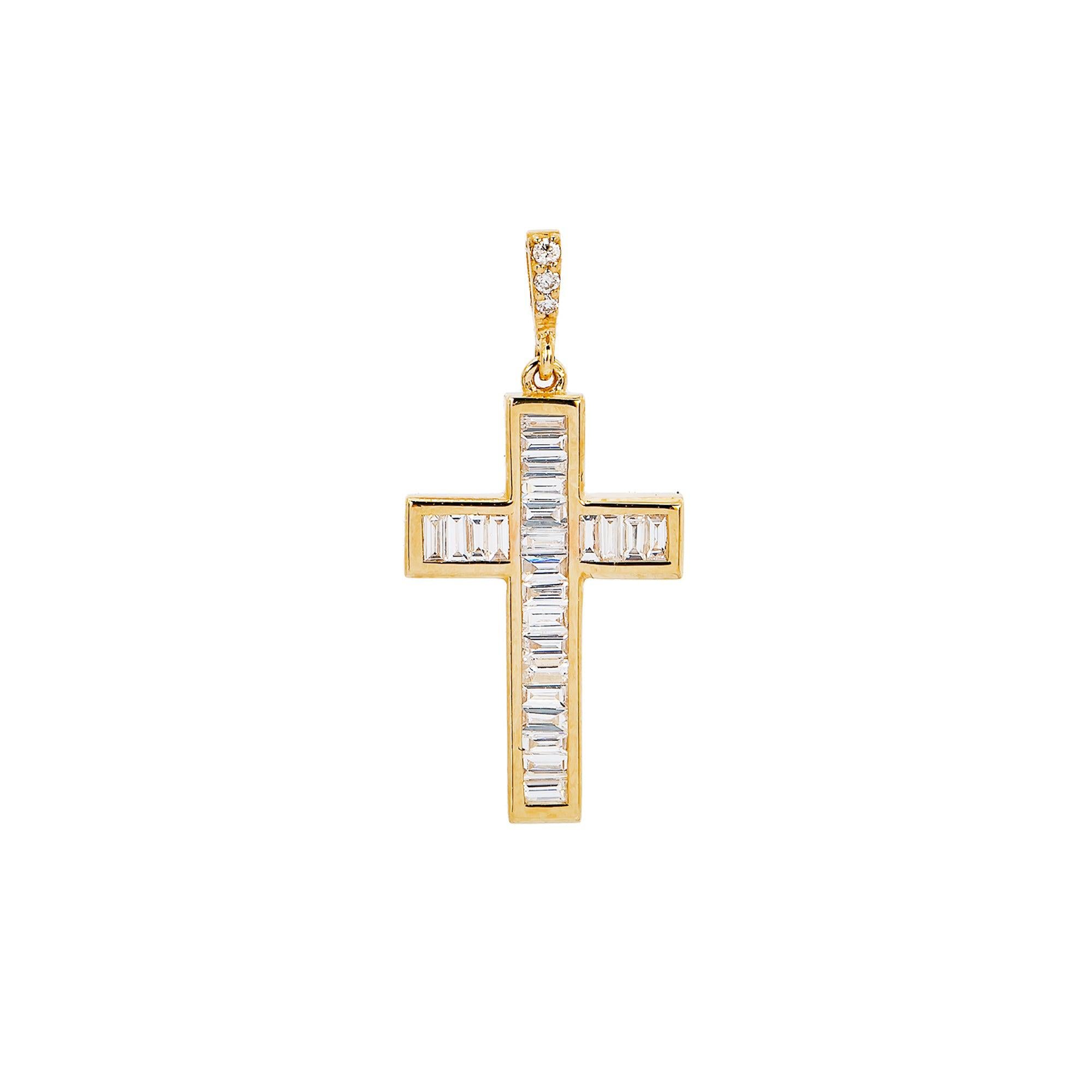 14K Yellow Gold Cross Pendant with 0.35 CT Baguette Diamonds
