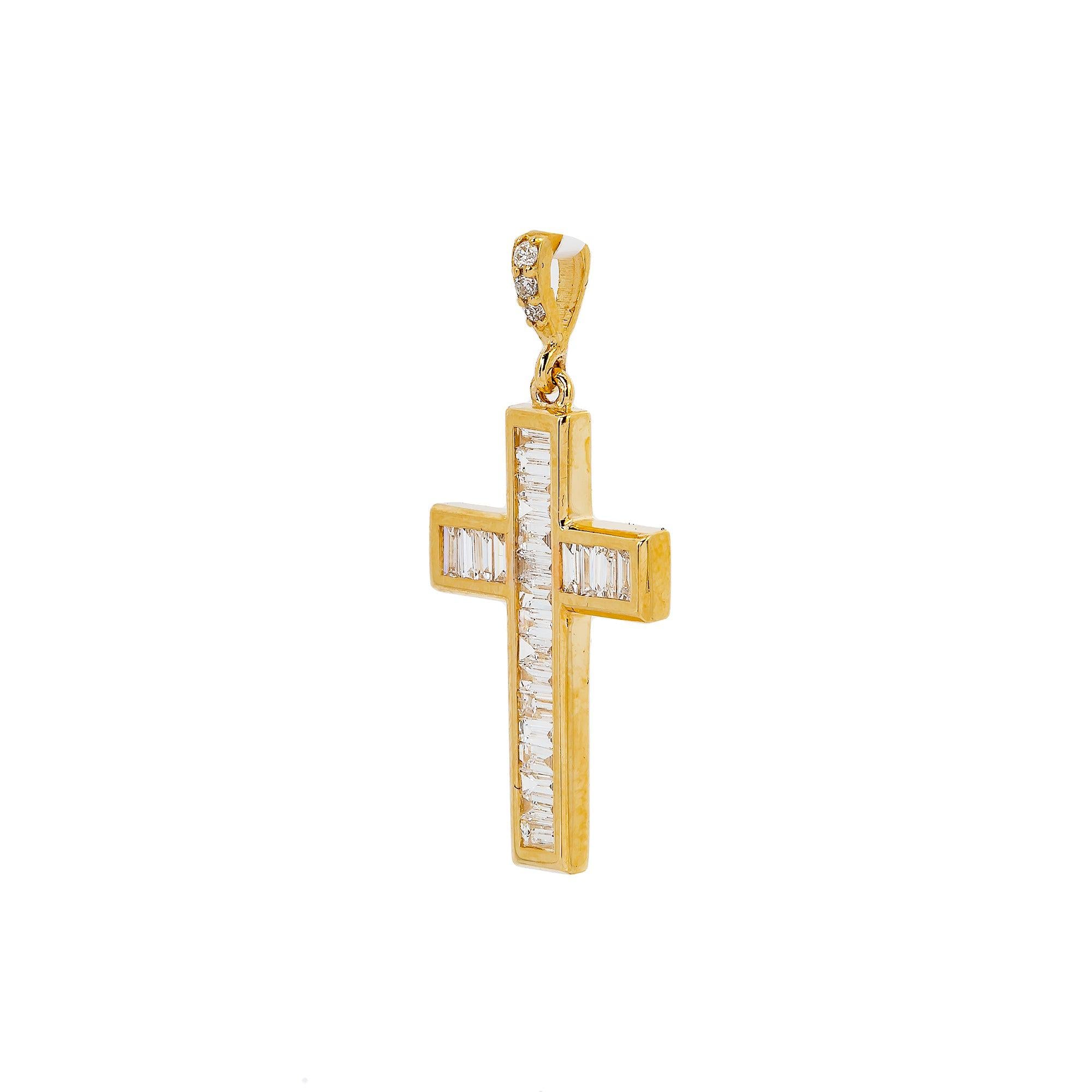14K Yellow Gold Cross Pendant with 0.35 CT Baguette Diamonds