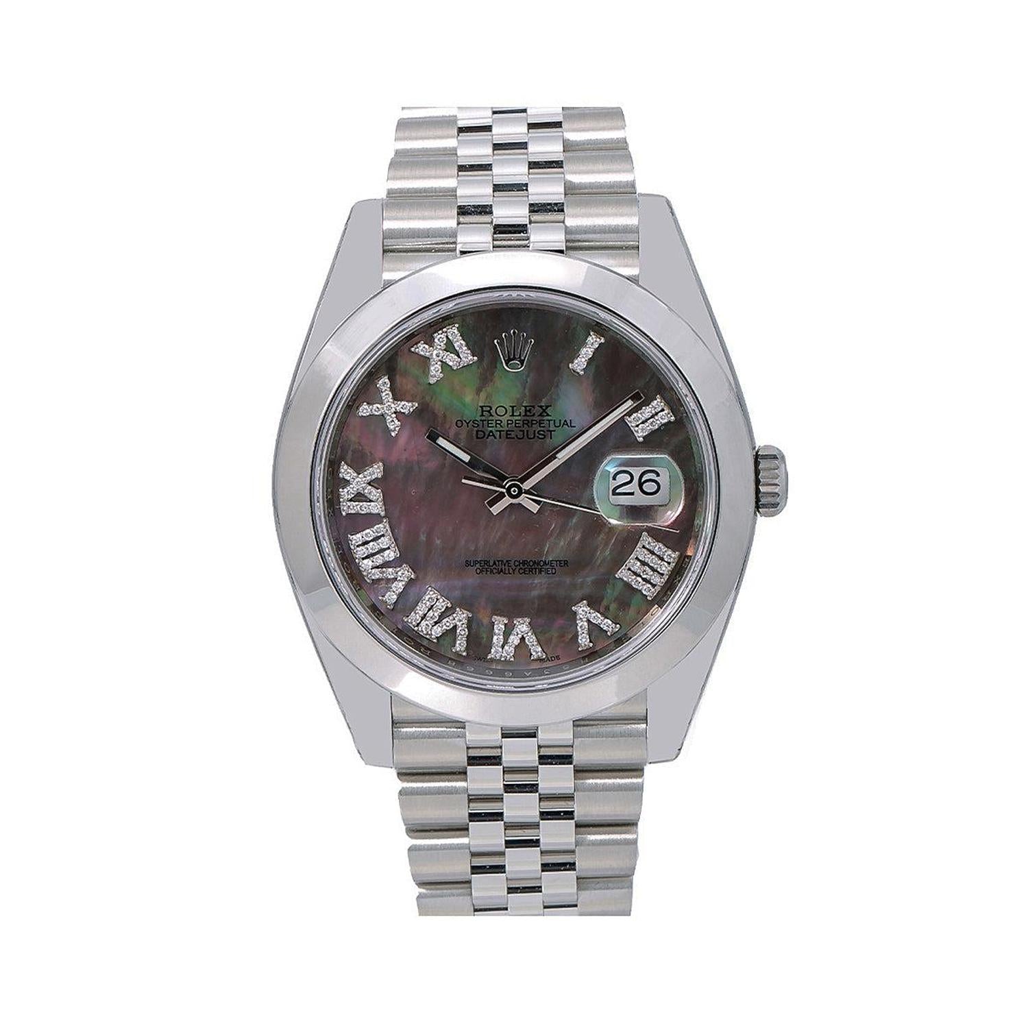 Rolex Datejust 41MM 126300 Black Mother of Pearl Roman Dial Smooth Bezel Stainless Steel Jubilee Bracelet
