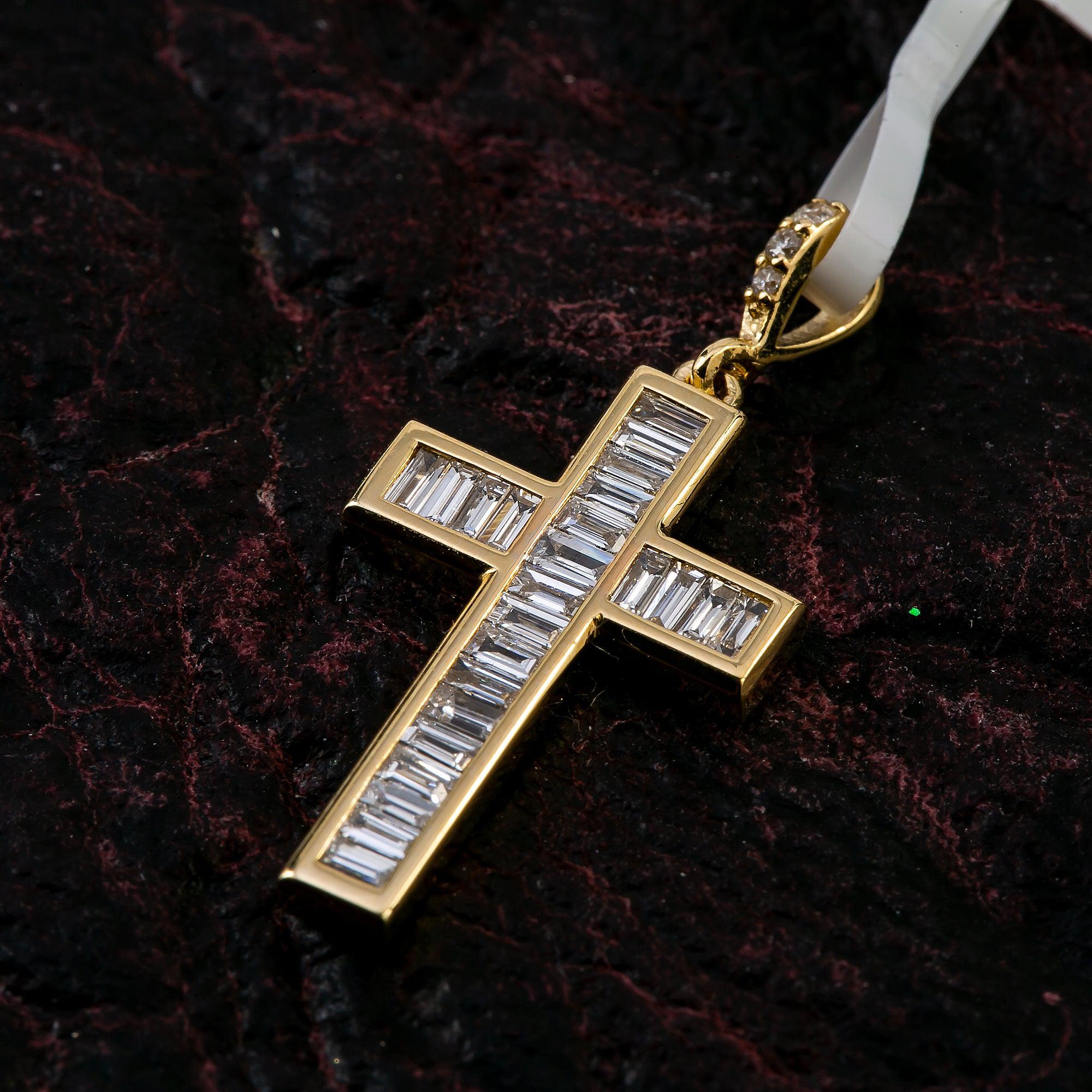 14K Yellow Gold Cross Pendant with 0.35 CT Baguette Diamonds