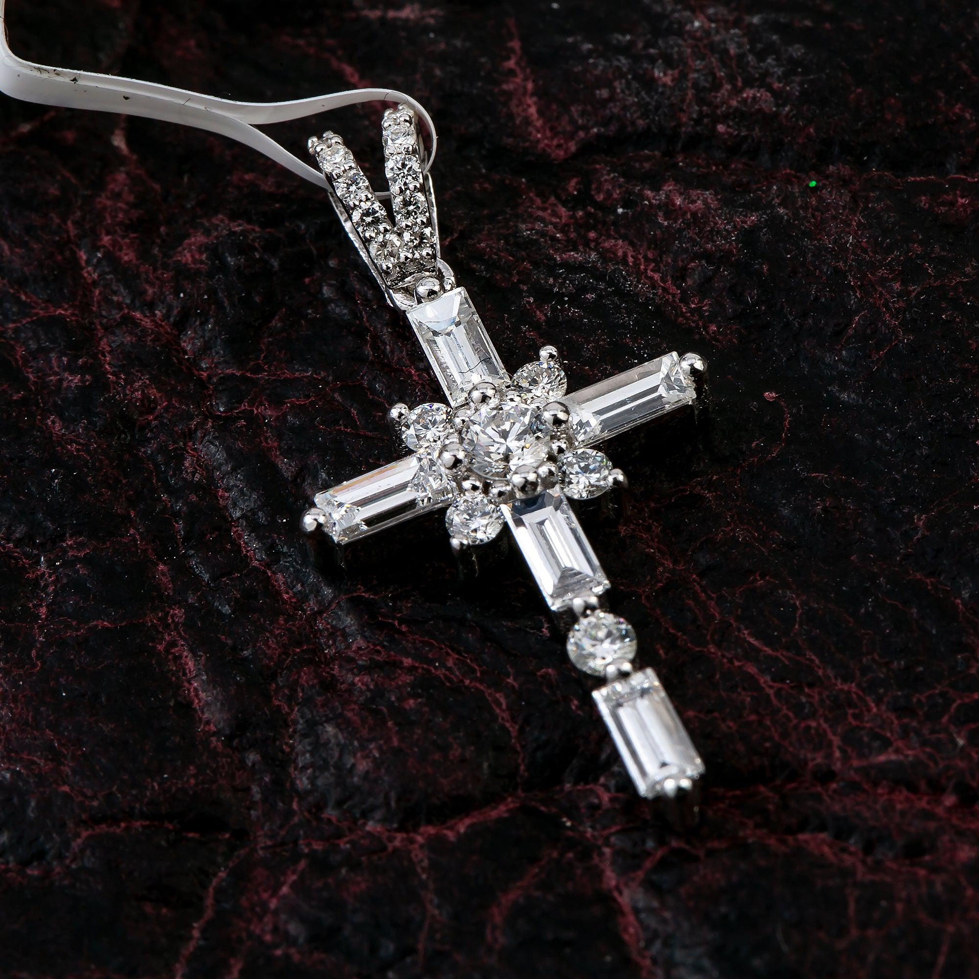14K White Gold Cross Pendant with 1.00 CT Baguette and Round Diamonds