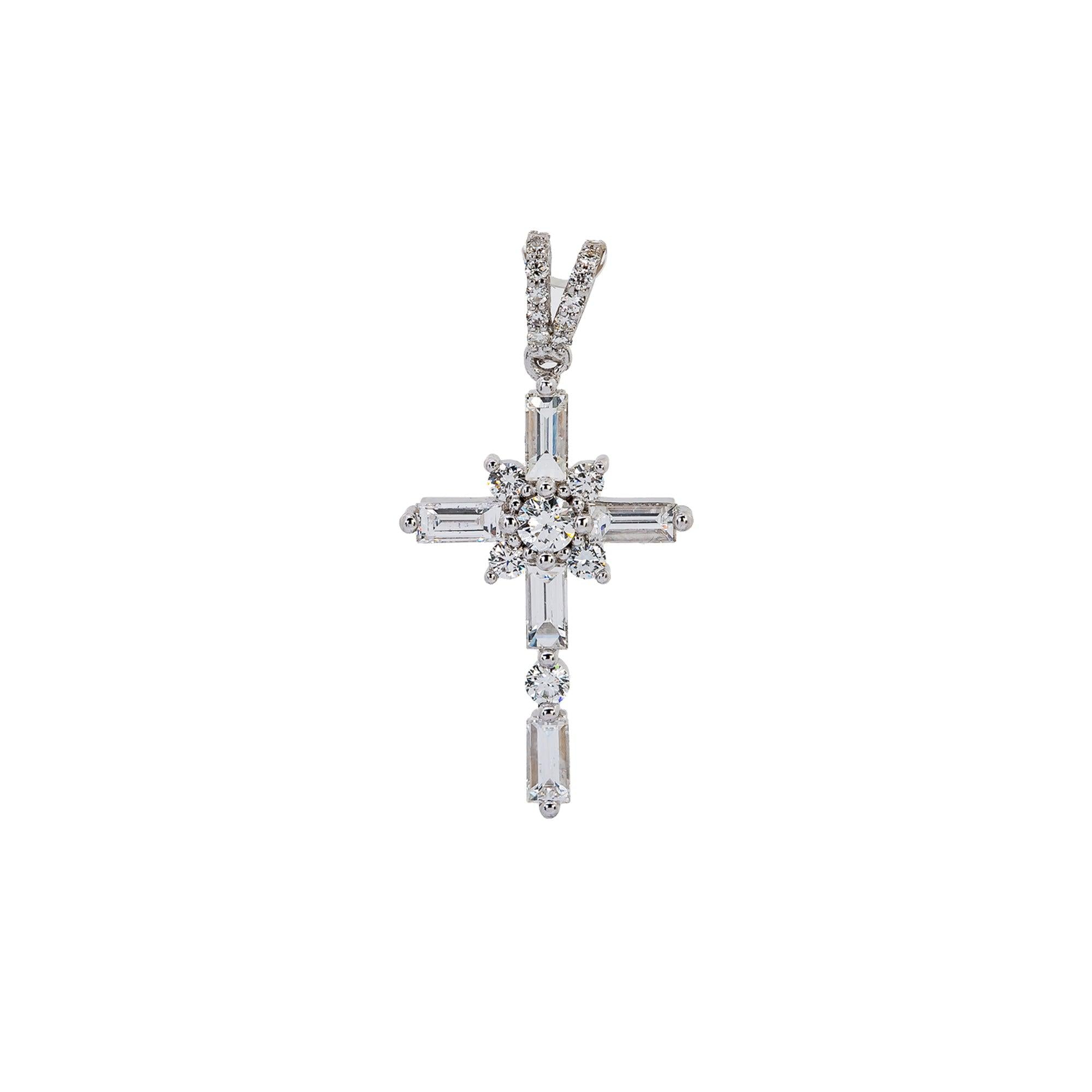 14K White Gold Cross Pendant with 1.00 CT Baguette and Round Diamonds
