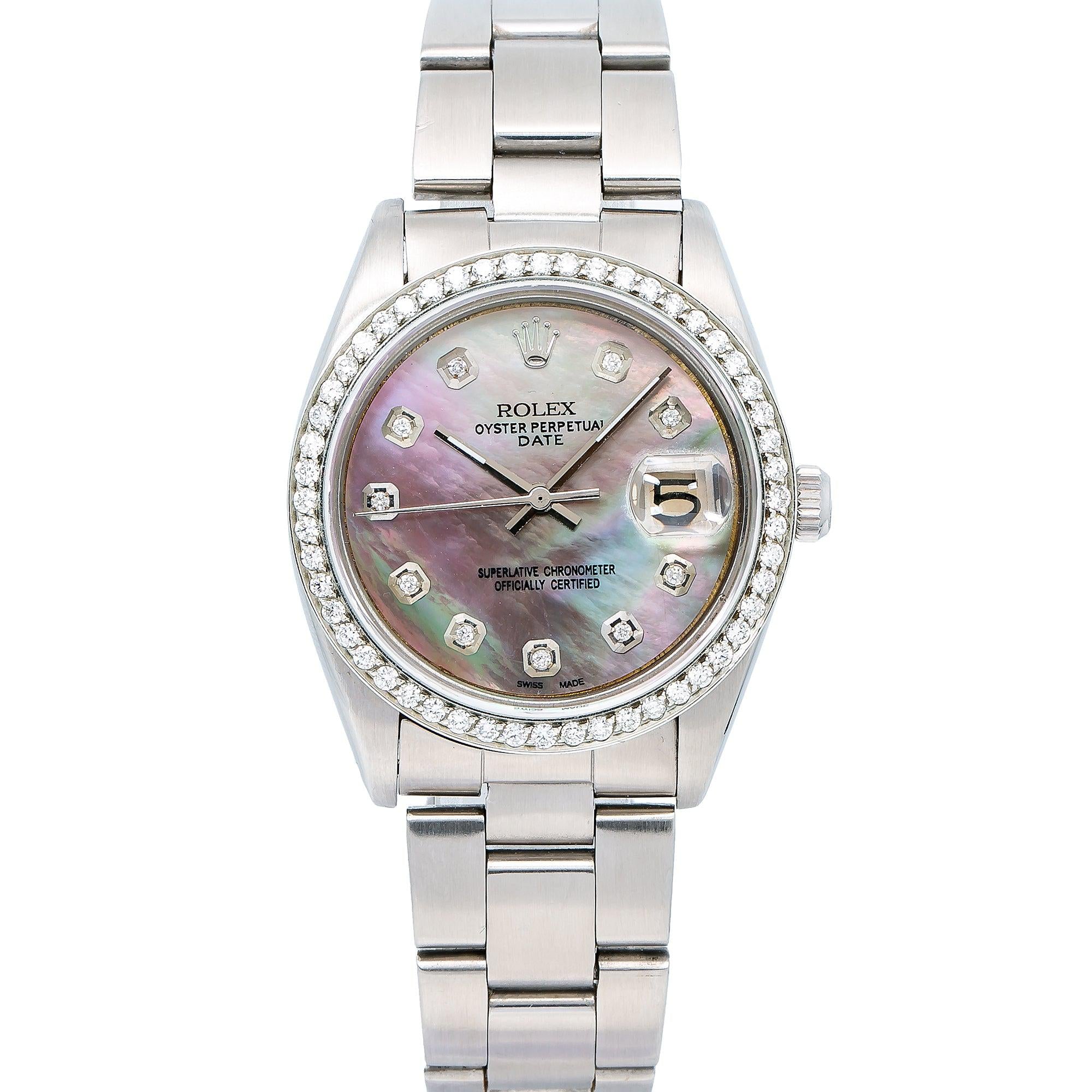 Rolex Date 34MM 1500 Black Mother of Pearl Diamond Dial Diamond Bezel Stainless Steel Oyster Bracelet