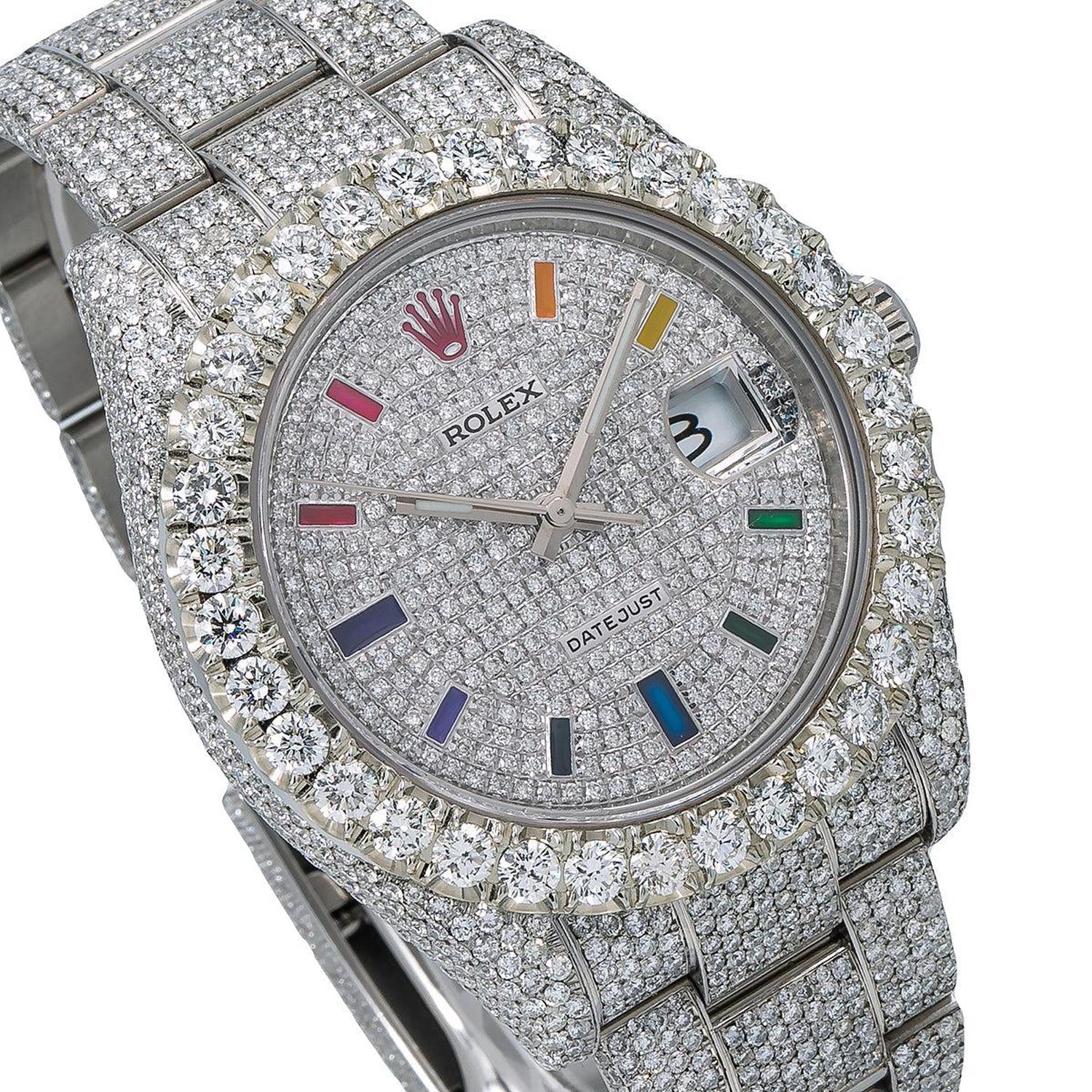 Rolex Datejust 41MM 116300 Diamond Paved Rainbow Hour Dial Diamond Bezel Stainless Steel Full Diamond Oyster Bracelet 22.75ct