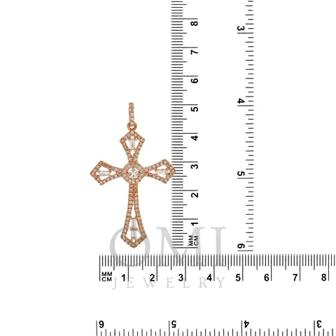 14K Rose Gold Cross Pendant with 0.62 CT Baguette and Round Diamonds