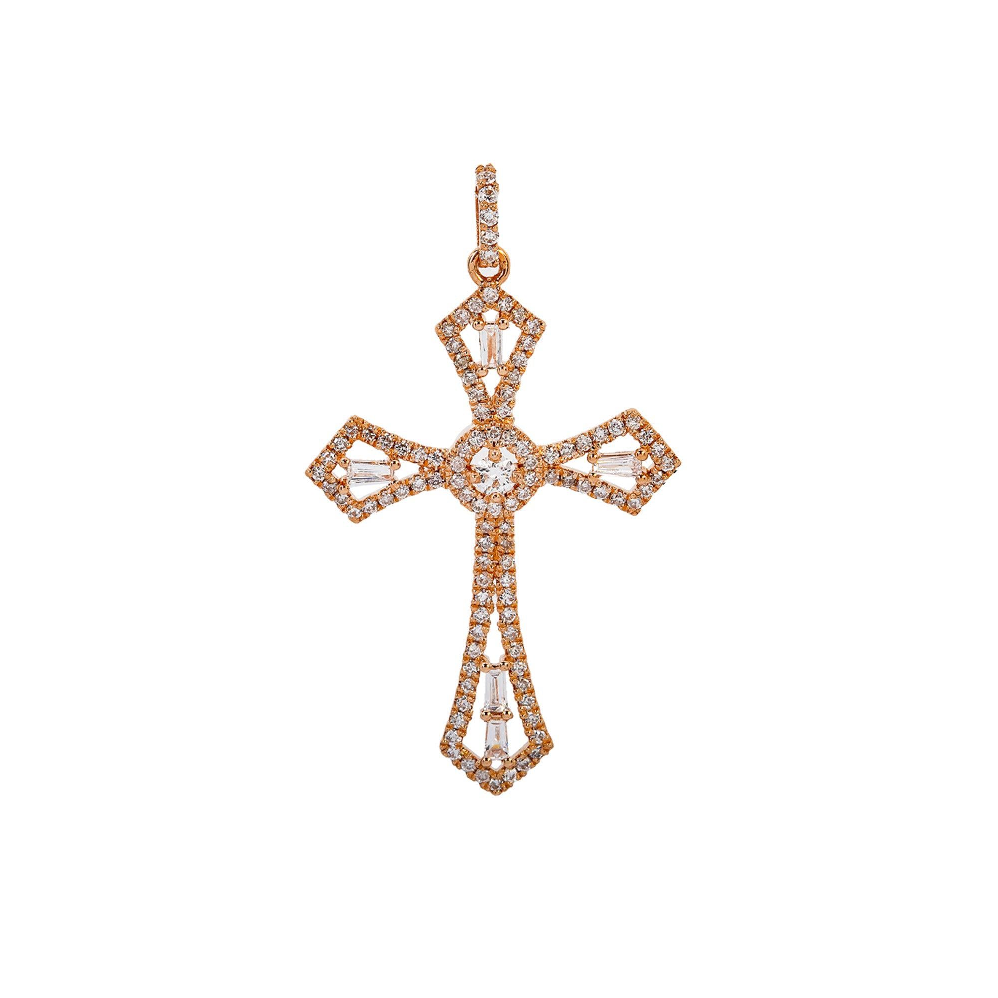 14K Rose Gold Cross Pendant with 0.62 CT Baguette and Round Diamonds