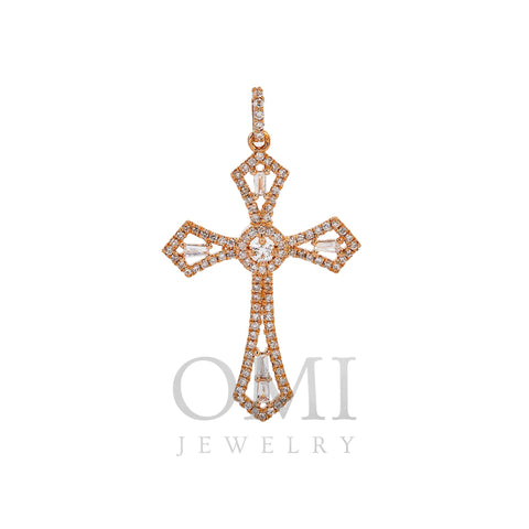 14K Rose Gold Cross Pendant with 0.62 CT Baguette and Round Diamonds