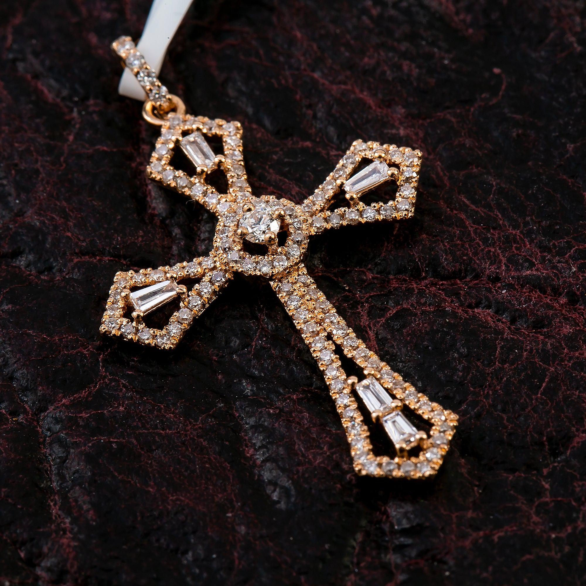 14K Rose Gold Cross Pendant with 0.62 CT Baguette and Round Diamonds
