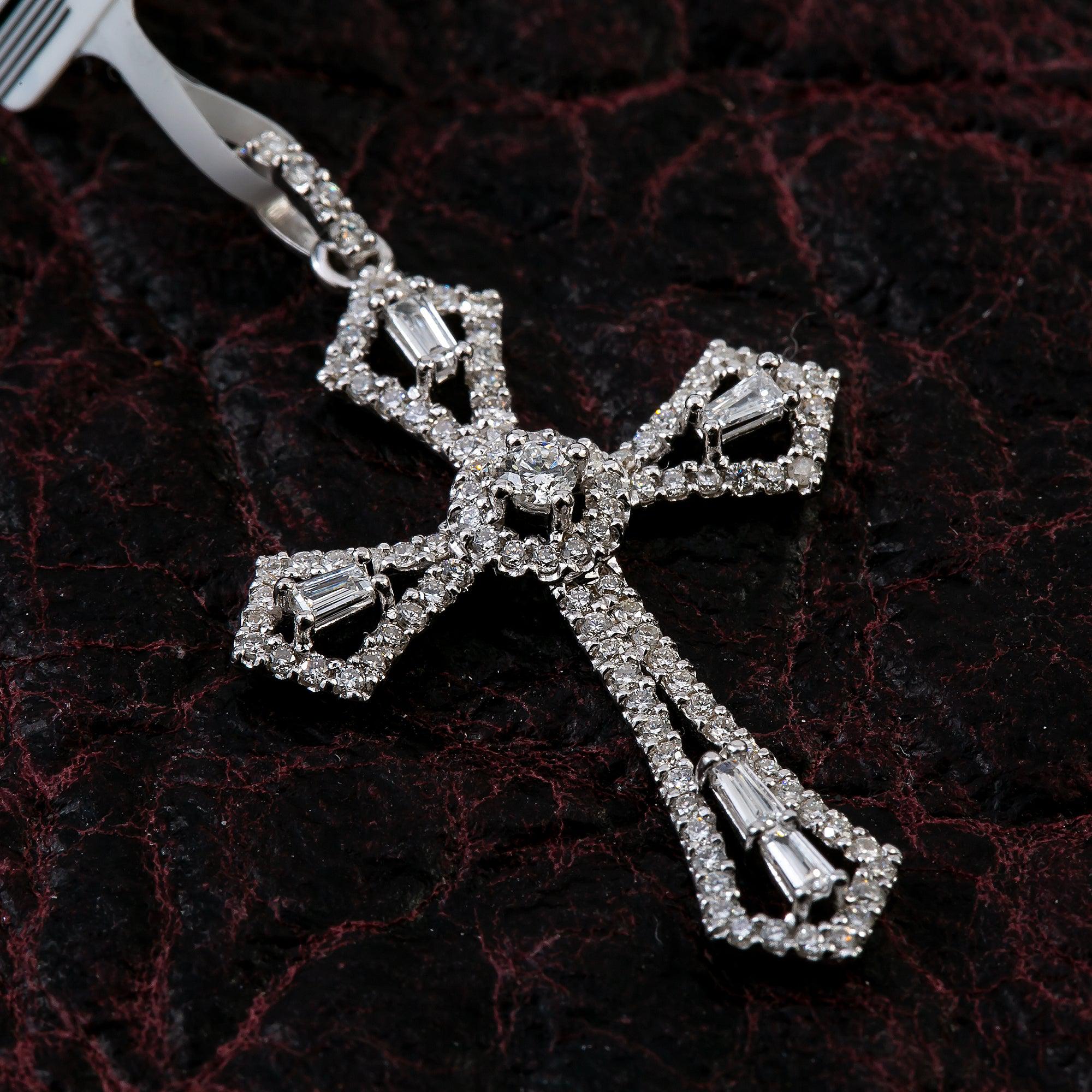 14K White Gold Cross Pendant with 0.62 CT Baguette and Round Diamonds