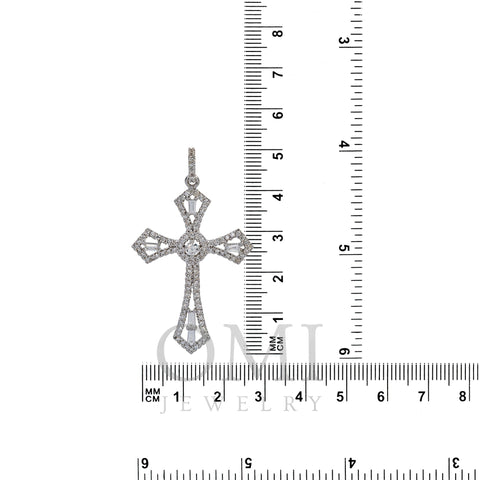 14K White Gold Cross Pendant with 0.62 CT Baguette and Round Diamonds