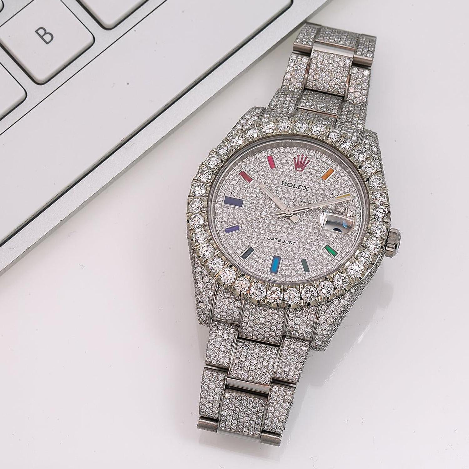 Rolex Datejust 41MM 116300 Diamond Paved Rainbow Hour Dial Diamond Bezel Stainless Steel Full Diamond Oyster Bracelet 22.75ct