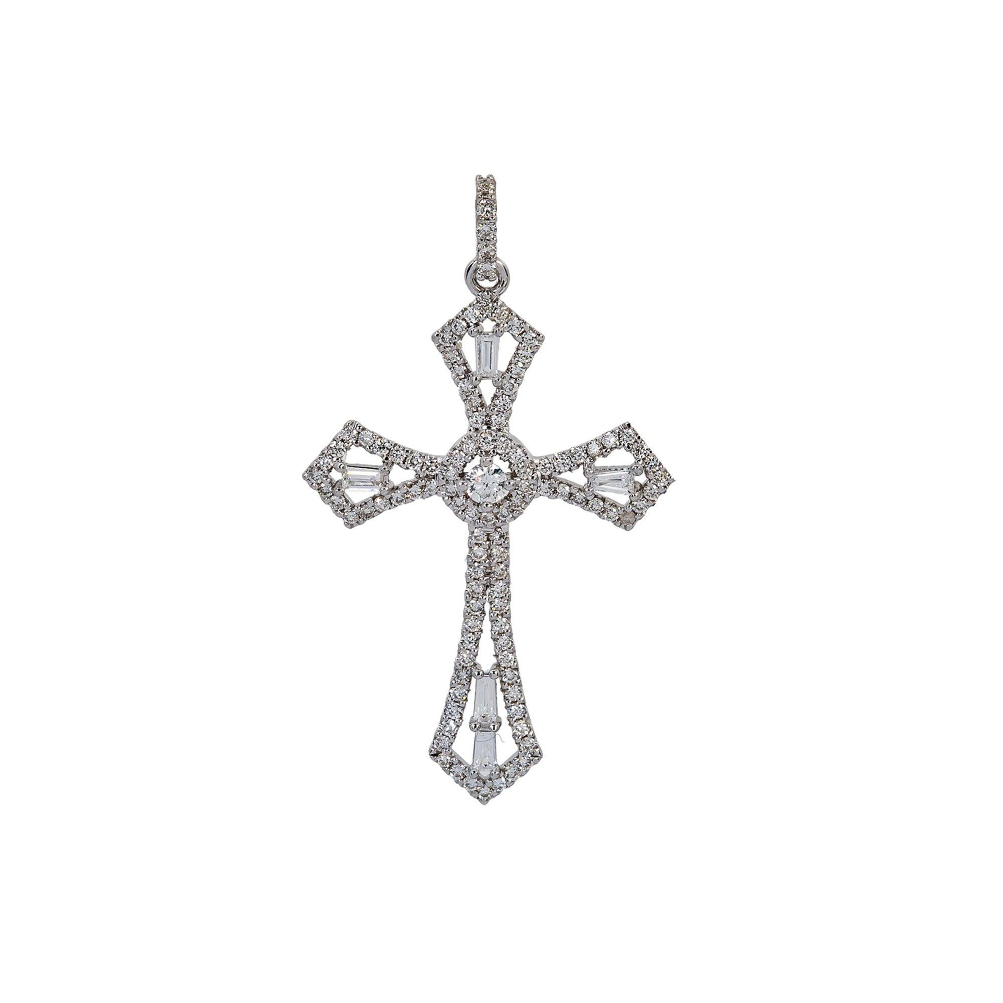 14K White Gold Cross Pendant with 0.62 CT Baguette and Round Diamonds