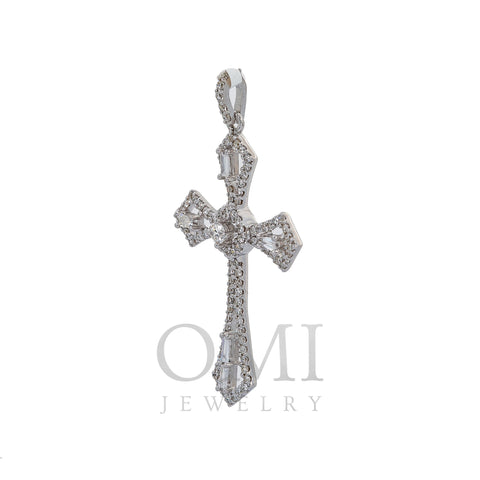 14K White Gold Cross Pendant with 0.62 CT Baguette and Round Diamonds