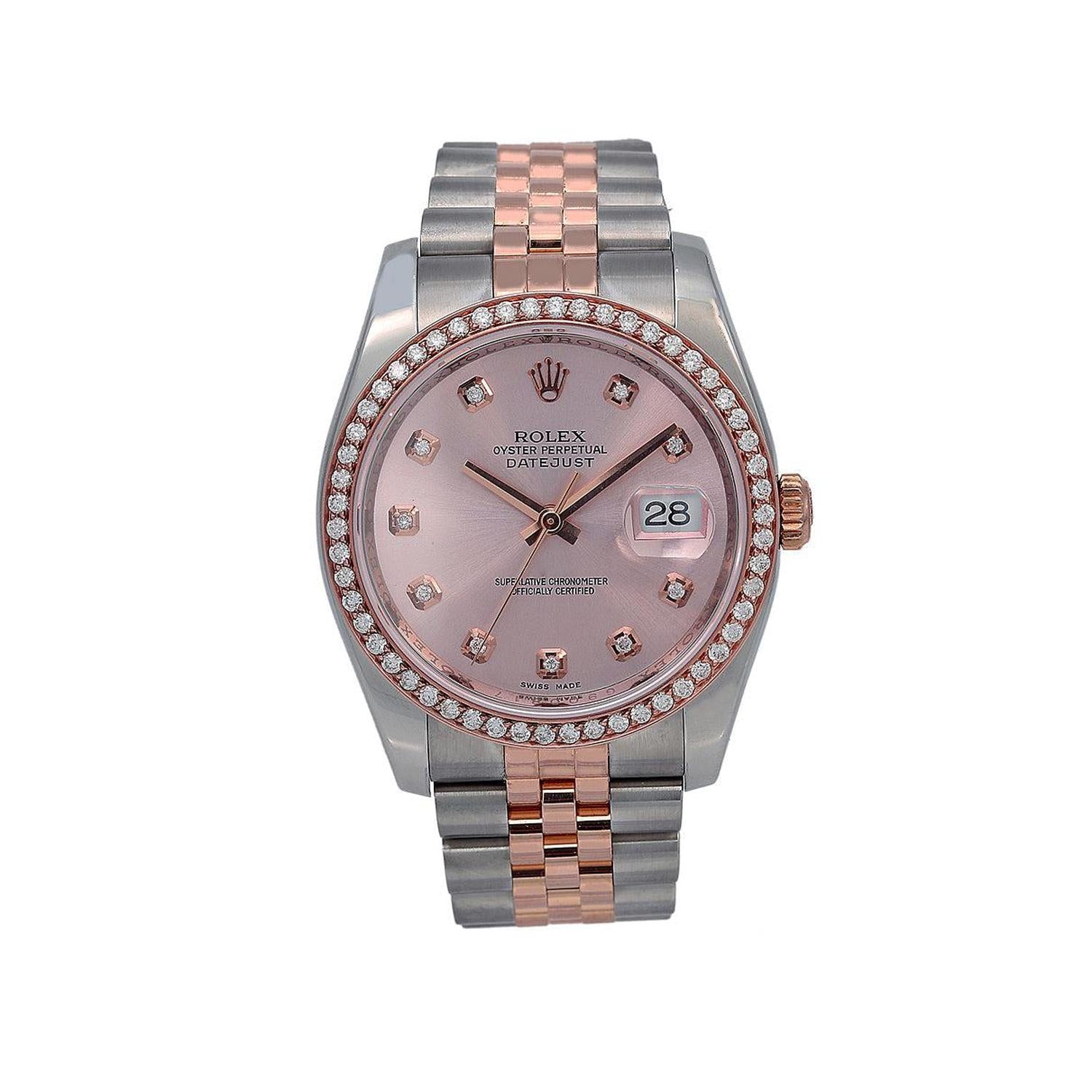 Rolex Datejust 36MM 116231 Pink Diamond Dial Diamond Bezel Two Tone Jubilee Bracelet 1.2ct