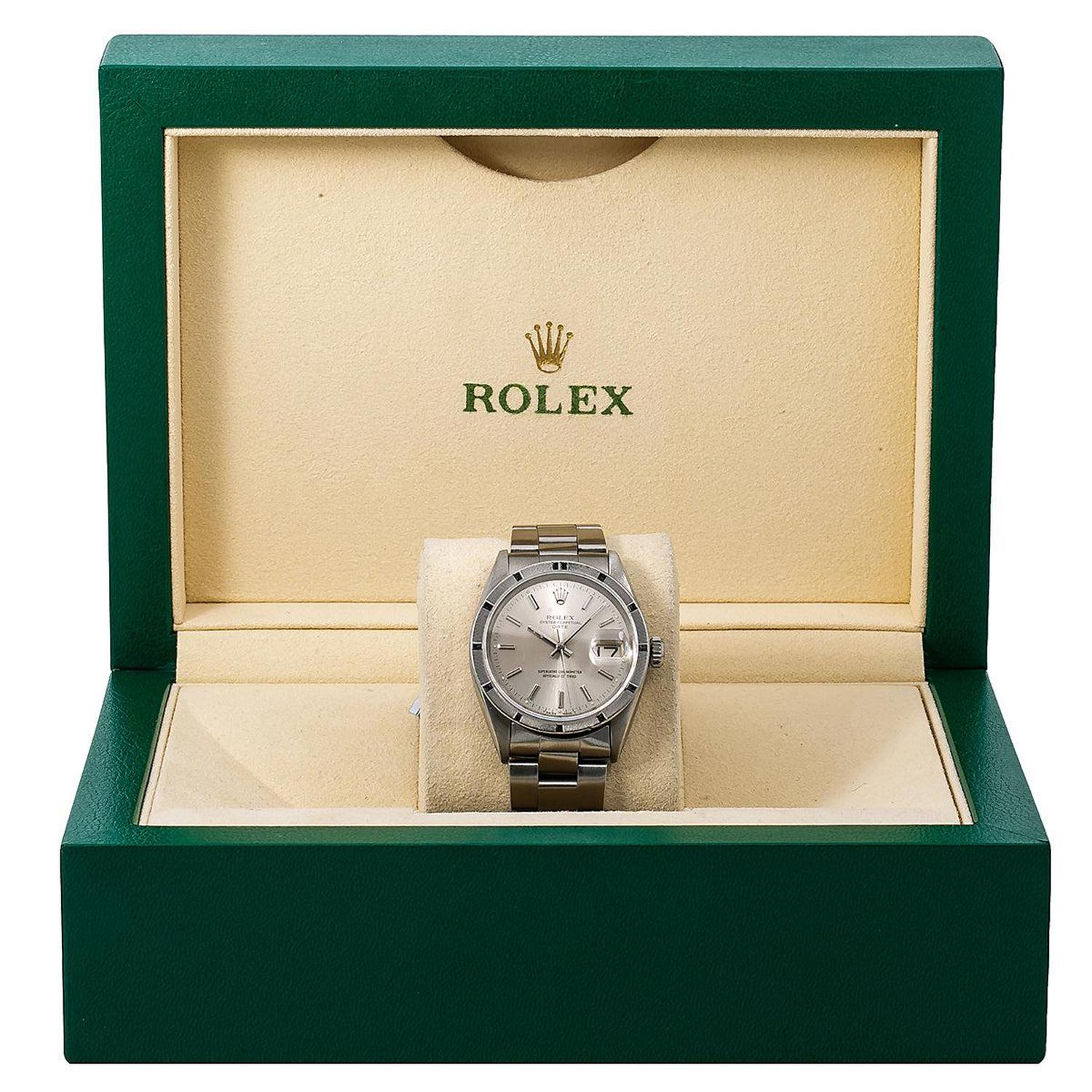 Rolex Date 34MM 1501 Silver Dial Engine Turned Bezel Stainless Steel Oyster Bracelet