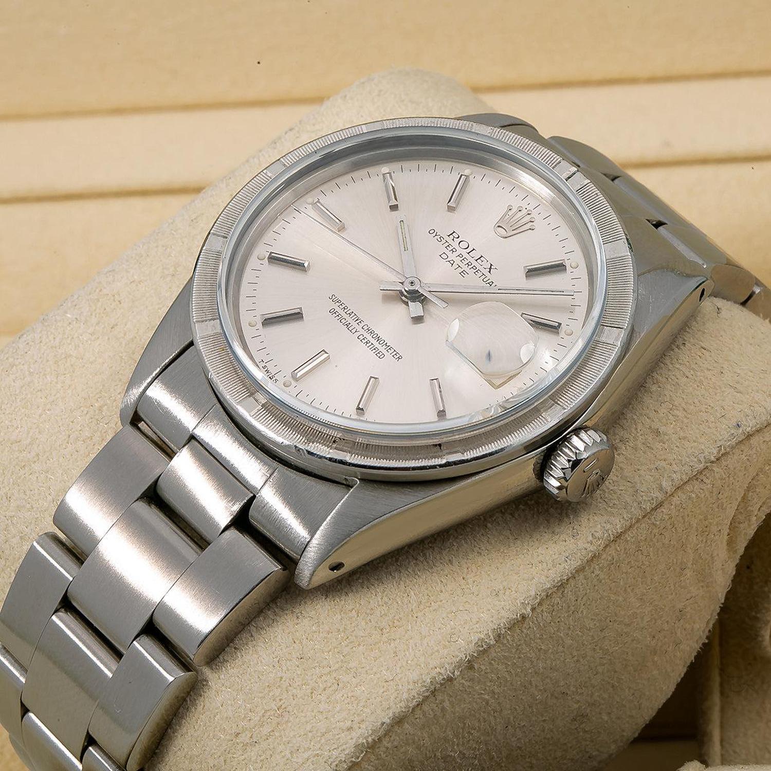 Rolex Date 34MM 1501 Silver Dial Engine Turned Bezel Stainless Steel Oyster Bracelet