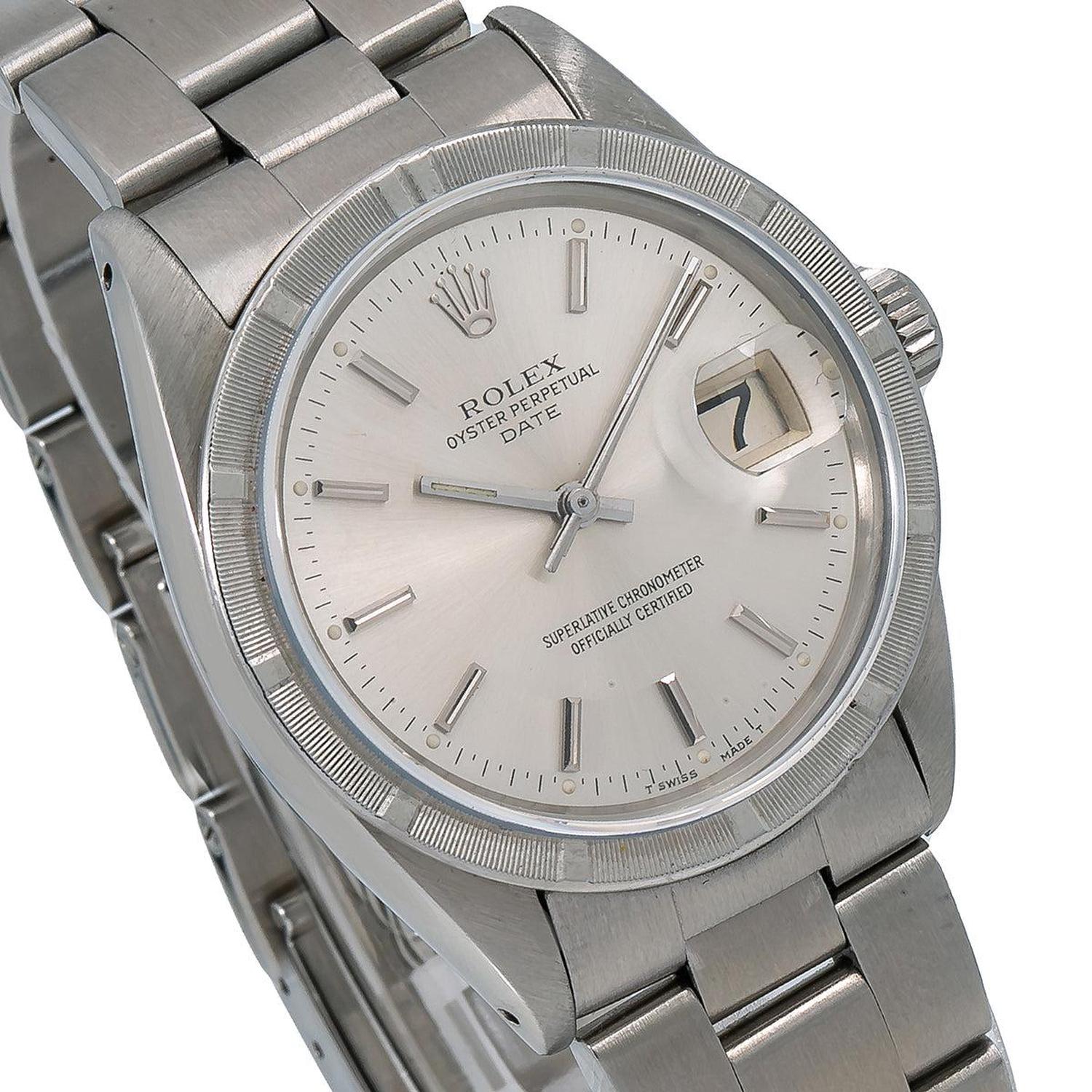 Rolex Date 34MM 1501 Silver Dial Engine Turned Bezel Stainless Steel Oyster Bracelet