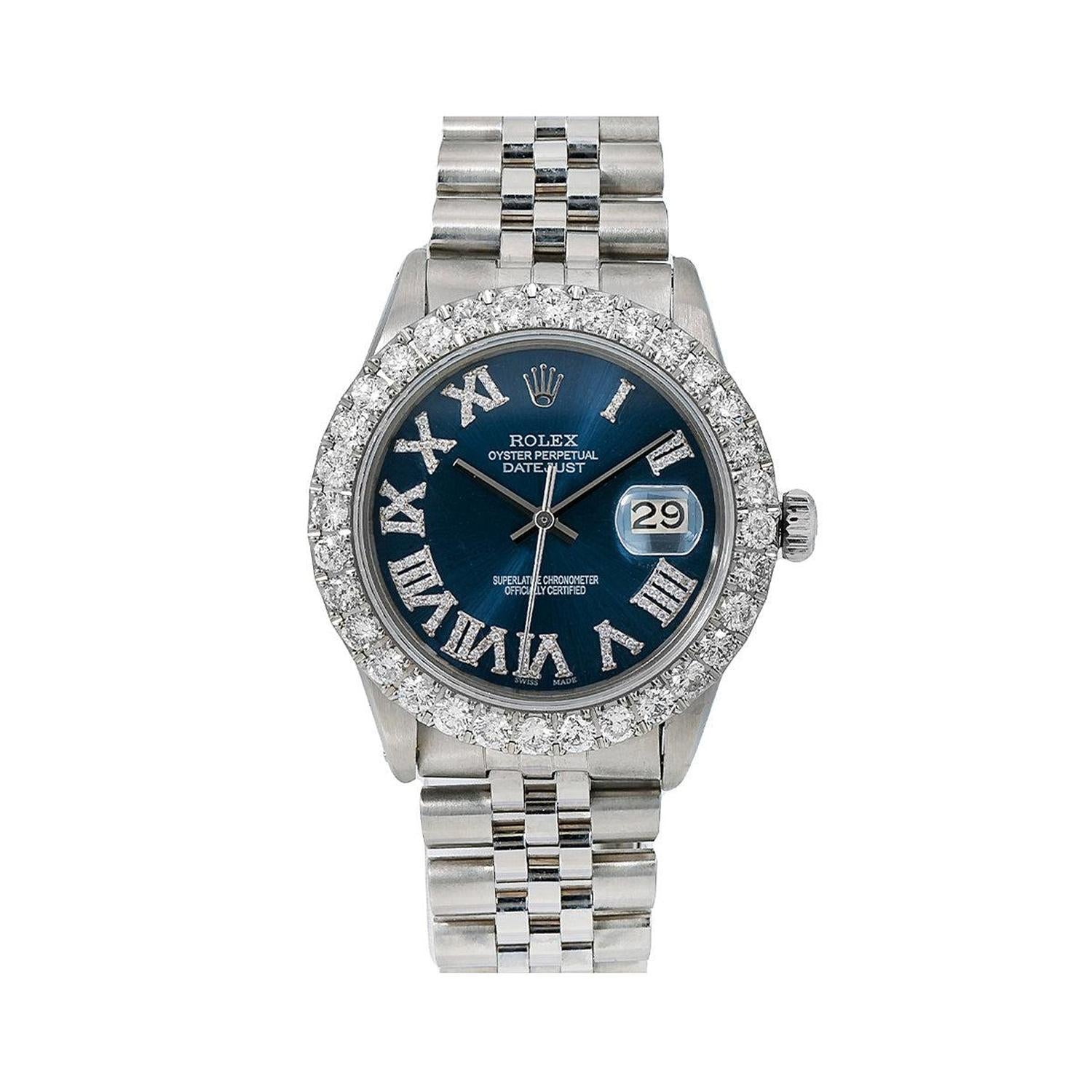 Rolex Datejust 36MM 16030 Blue Roman Dial Diamond Bezel Stainless Steel Jubilee Bracelet 3.25ct