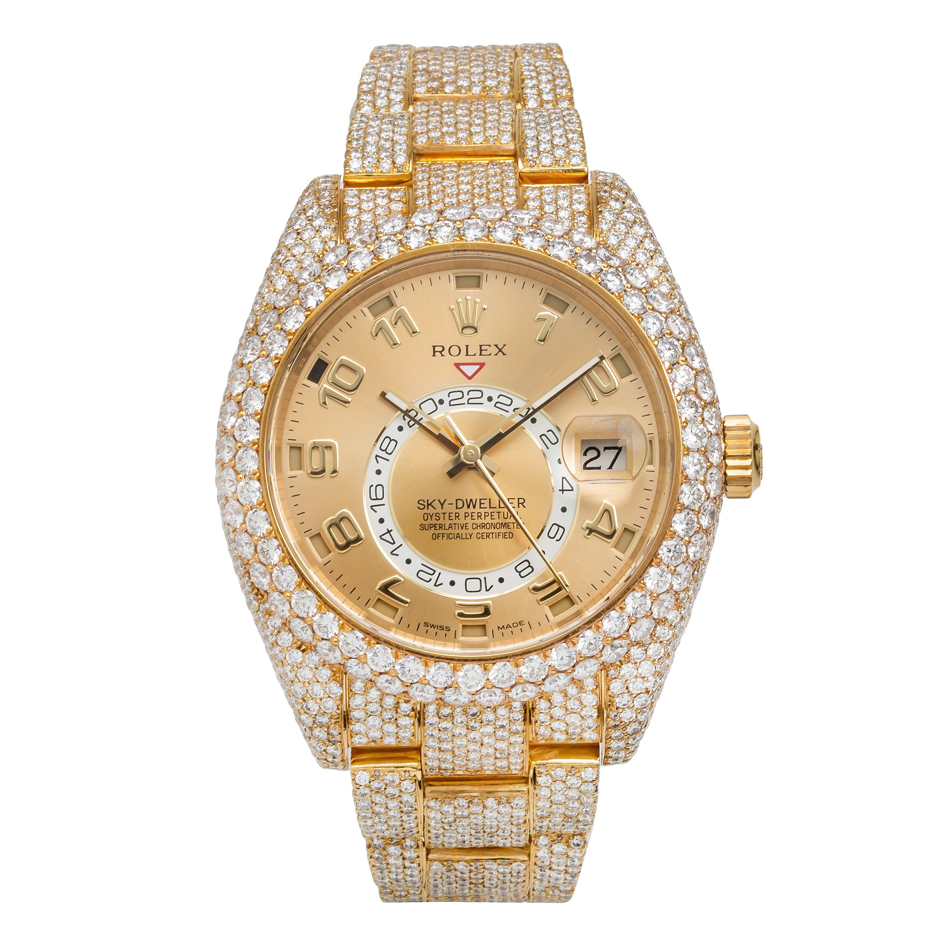 Rolex Sky-Dweller 42MM 326938 Champagne Dial Diamond Bezel Yellow Gold Full Diamond Oyster Bracelet 23.75ct